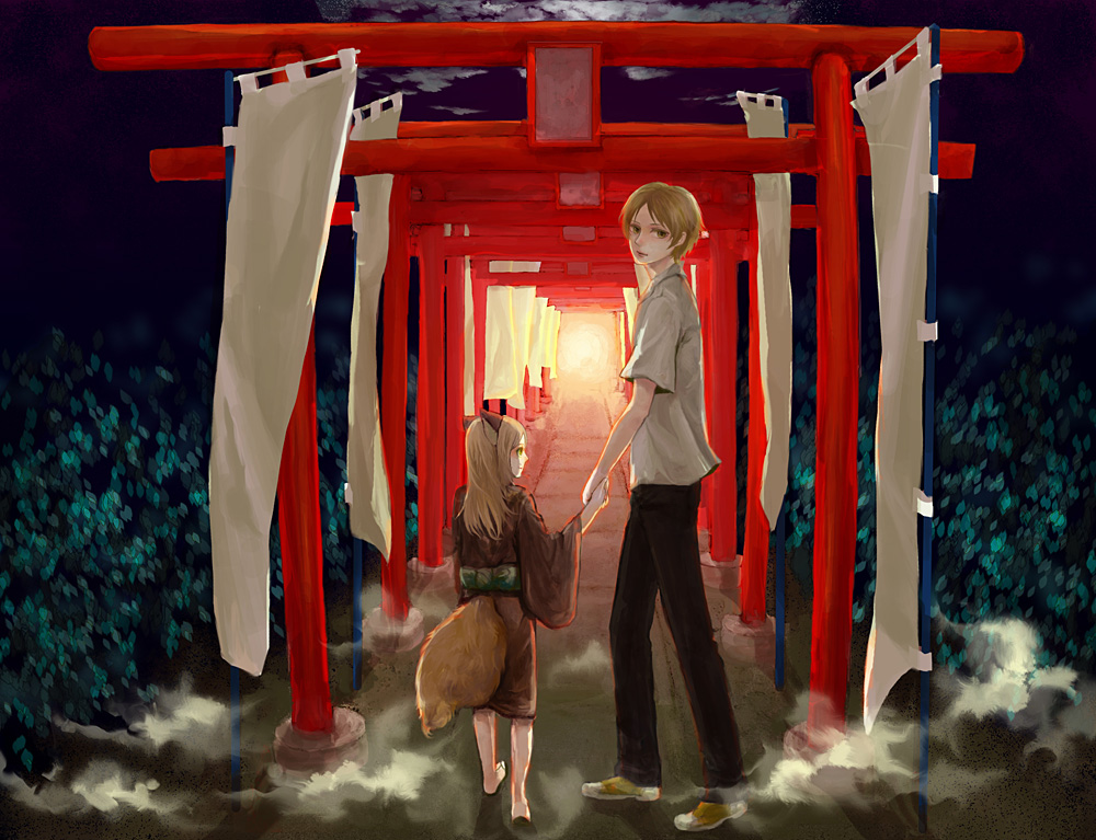 kaihirow, naoki (naifuku jelly), kogitsune, natsume takashi, natsume yuujinchou, 1boy, 1girl, animal ears, barefoot, fox ears, fox tail, hetero, holding hands, japanese clothes, kimono, tail, torii