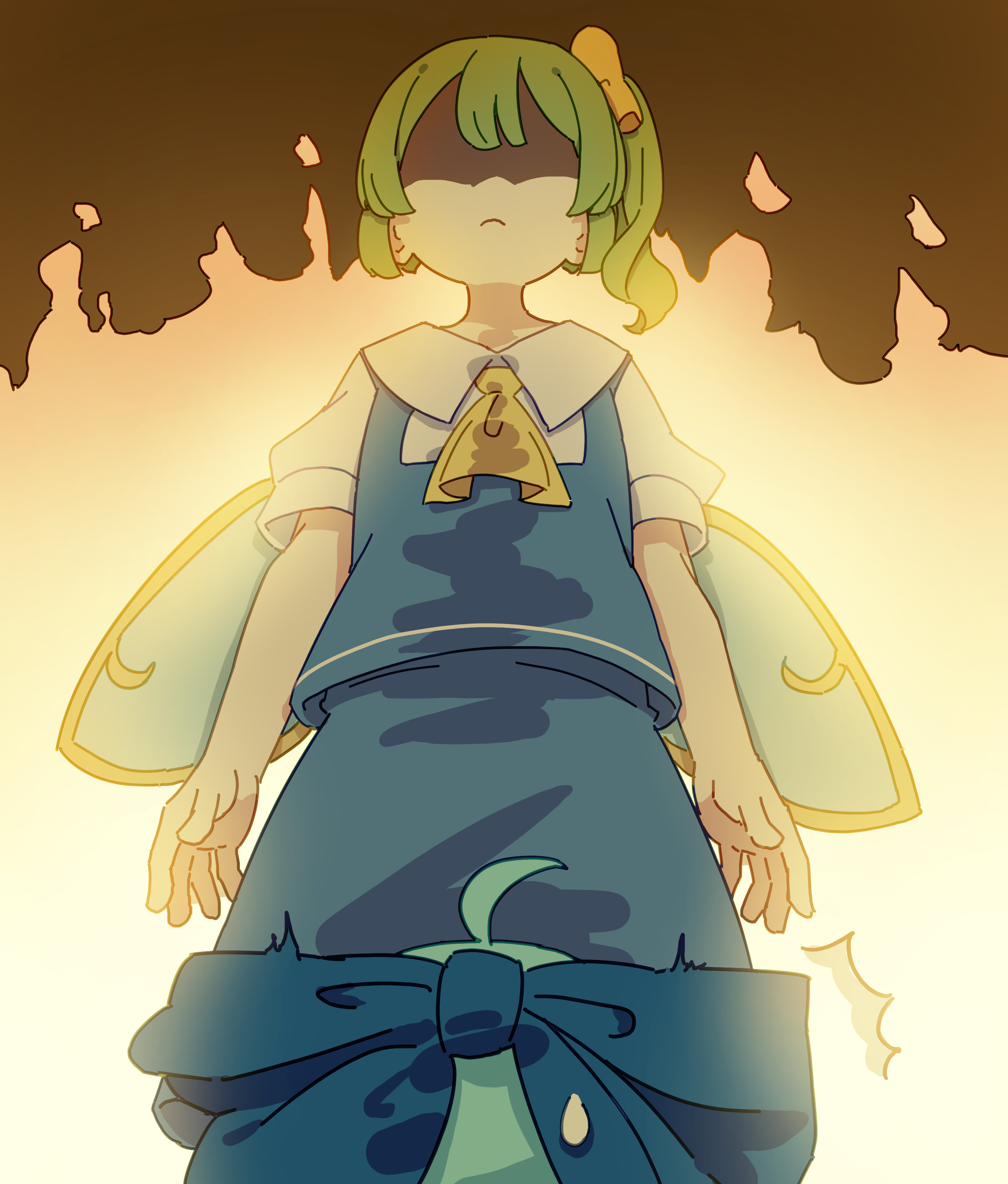 kame (kamepan44231), cirno, daiyousei, touhou, light blue hair, absurdres, highres, 2girls, ^^^, ahoge, angry, blue bow, blue hair, blue skirt, blue vest, bow, ears, evening, flame print, from below, frown, fumo (doll), green hair, hair bow, looking at another, multiple girls, necktie, shaded face, shirt, side ponytail, simple background, skirt, standing, sweatdrop, vest, white shirt, wings, yellow bow, yellow necktie