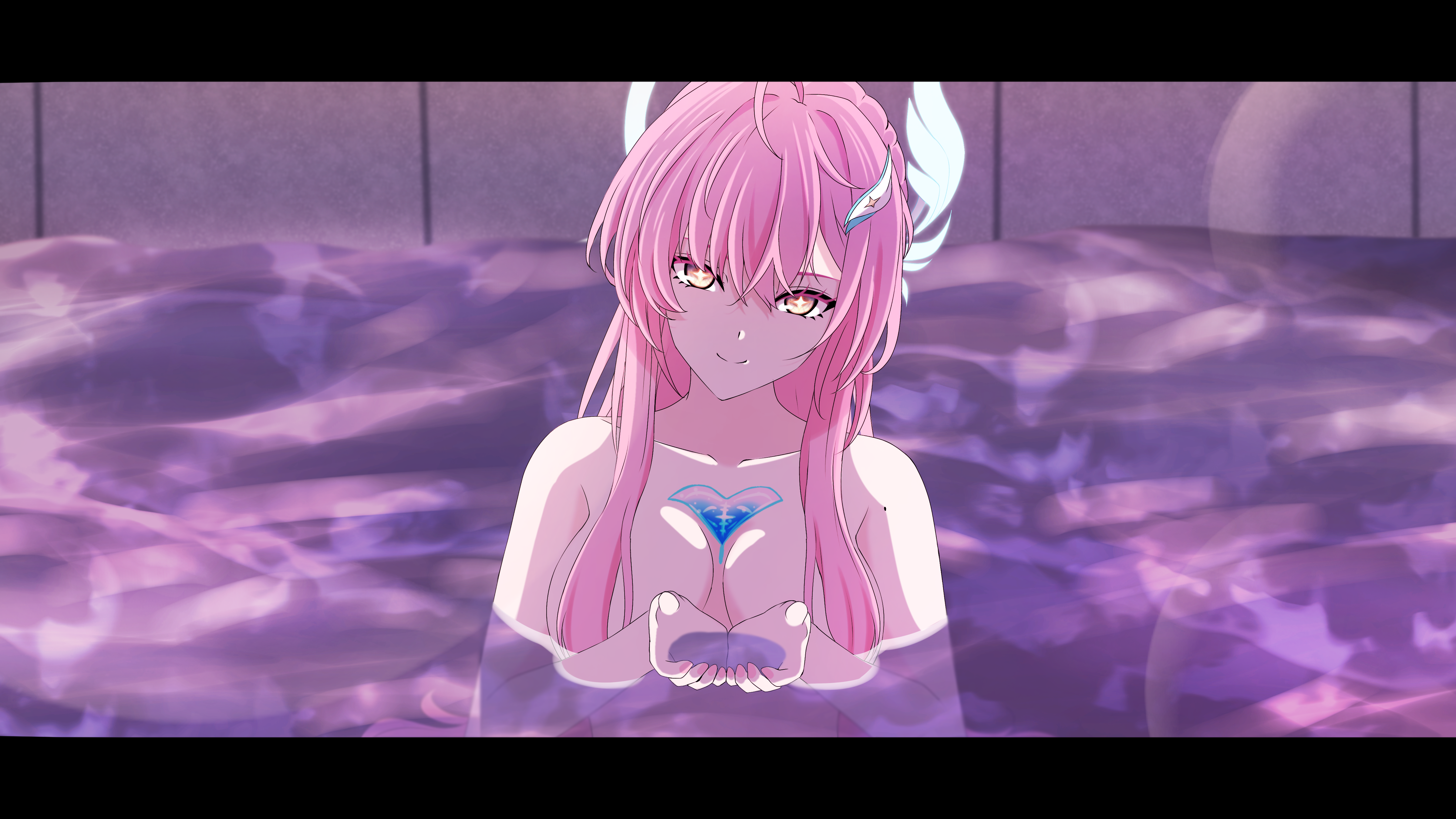 asutokun th, aemeath (wuthering waves), chainsaw man, wuthering waves, absurdres, commentary, commentary request, english commentary, highres, mixed-language commentary, textless version, 1girl, breasts, closed mouth, collarbone, cupping hands, hair ornament, hands up, i'll teach you everything (chainsaw man), large breasts, letterboxed, long hair, looking at viewer, orange eyes, own hands together, partially submerged, pink hair, smile, solo, star-shaped pupils, star (symbol), symbol-shaped pupils, tacet mark (wuthering waves)