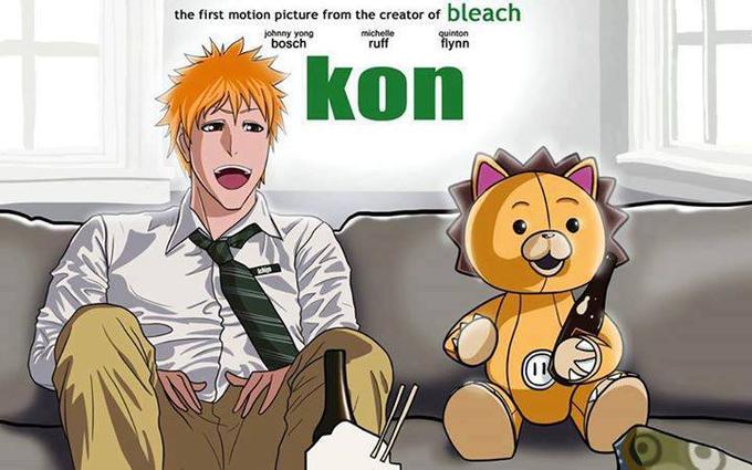 kon (bleach), kurosaki ichigo, bleach, bleach: epilogue, bleach: sennen kessen-hen, ted (movie), non-web source, 1boy, alcohol, beer, beer bottle, bottle, brown eyes, cosplay, couch, curtains, drunk, movie poster (medium), necktie, orange hair, parody, poster parody, stuffed animal, stuffed toy, style parody, teddy bear, window