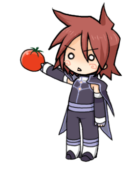 kratos aurion, tales of (series), tales of symphonia, animated, animated gif, lowres, 1boy, brown hair, chibi, male focus, parody, short hair, simple background, solo, tomato
