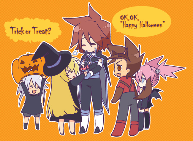 colette brunel, genius sage, kratos aurion, lloyd irving, presea combatir, tales of (series), tales of symphonia, costume, 00s, candy, chibi, food, halloween, pumpkin, simple background, skull, werewolf, wings