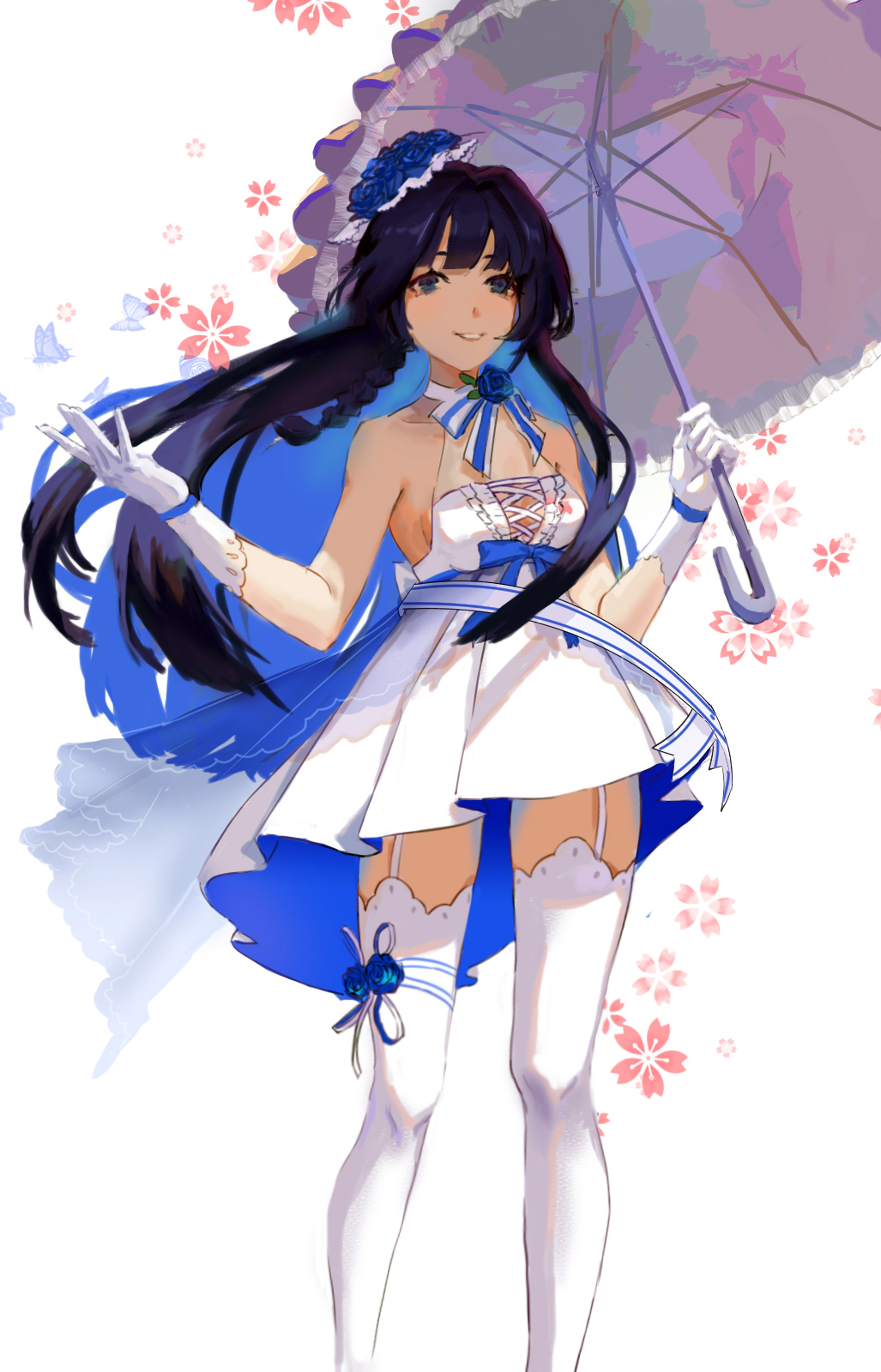 wlmeat, raiden mei, raiden mei (aeterna purum), raiden mei (valkyrie bladestrike), honkai (series), honkai impact 3rd, commentary, highres, 1girl, :d, alternate eye color, alternate hair color, blue eyes, blue flower, blue hair, blue rose, breasts, cleavage, dress, flower, gloves, grin, holding, holding umbrella, large breasts, long hair, looking at viewer, open mouth, rose, simple background, smile, solo, teeth, thighhighs, umbrella, wedding dress, white background, white dress, white gloves, white thighhighs