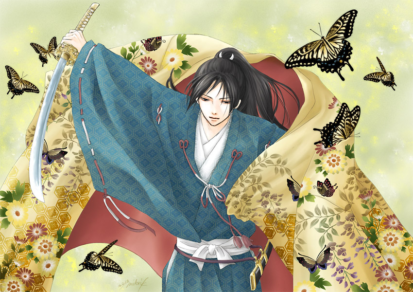 himmelisch-garten, original, bad id, bad pixiv id, 1boy, animal print, black hair, bug, butterfly, butterfly print, floral print, hanairi kikkou, hexagon, honeycomb pattern, japanese clothes, kimono, long hair, male focus, ponytail, signature, solo, sword, weapon