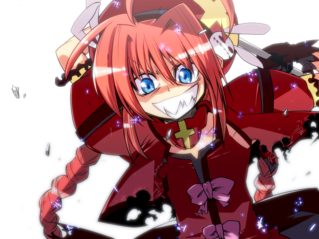 shimantogawa, graf eisen, vita (nanoha), lyrical nanoha, mahou shoujo lyrical nanoha, mahou shoujo lyrical nanoha a's, mahou shoujo lyrical nanoha strikers, 00s, 1girl, blue eyes, braid, evil grin, evil smile, female focus, grin, red hair, sharp teeth, smile, solo, teeth, torn clothes, twin braids