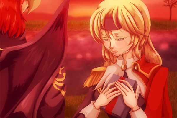 belial (artist), berial (komorebiya), andras, elatha, mabinogi, 1boy, 1girl, blonde hair, blue eyes, cape, gift, hairband, holding, holding gift, long hair, military, military uniform, valentine, wings