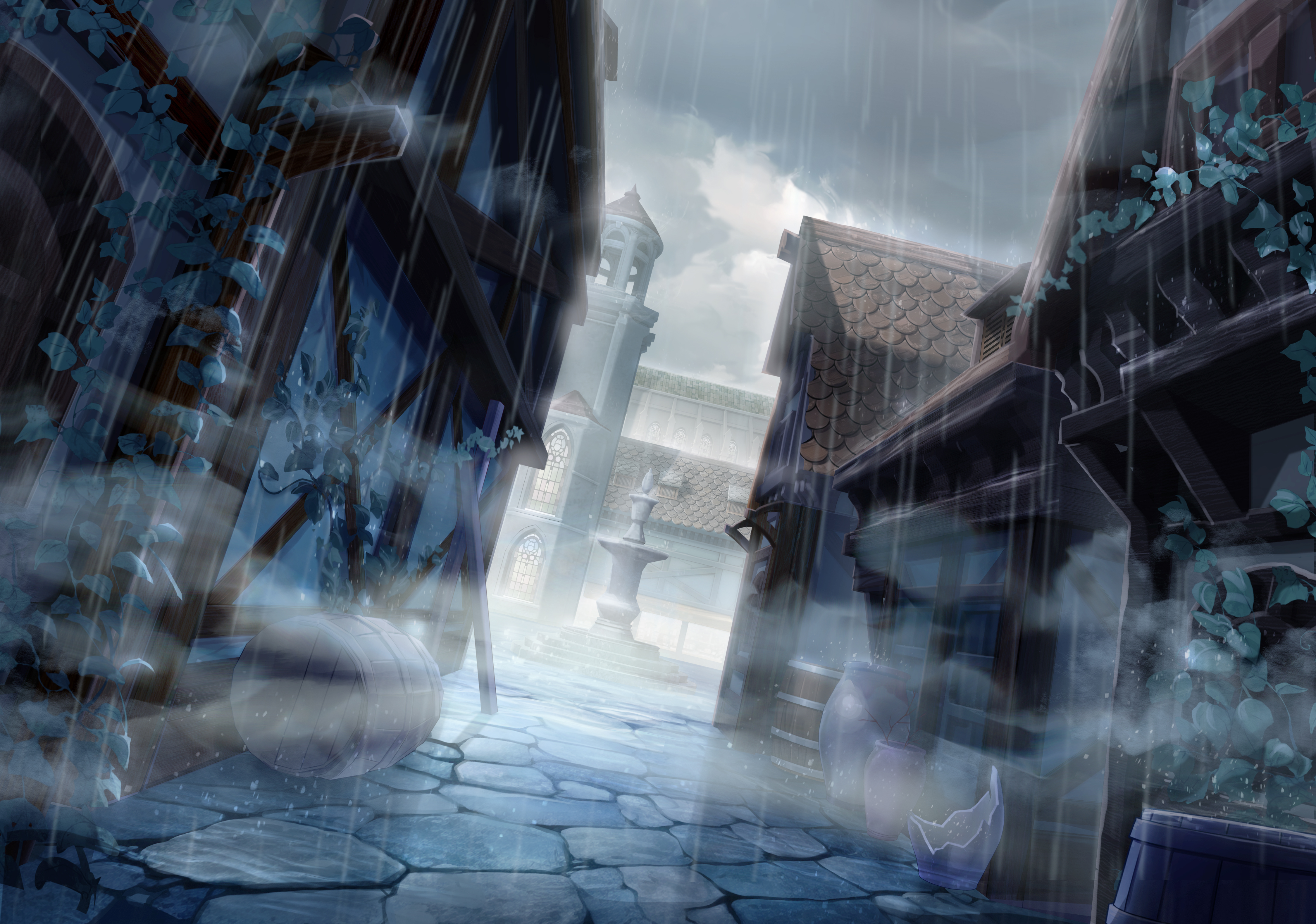 jongmin, original, absurdres, commentary request, highres, barrel, broken vase, building, cobblestone, fountain, no humans, outdoors, plant, rain, road, scenery, stone walkway, street, town, vines