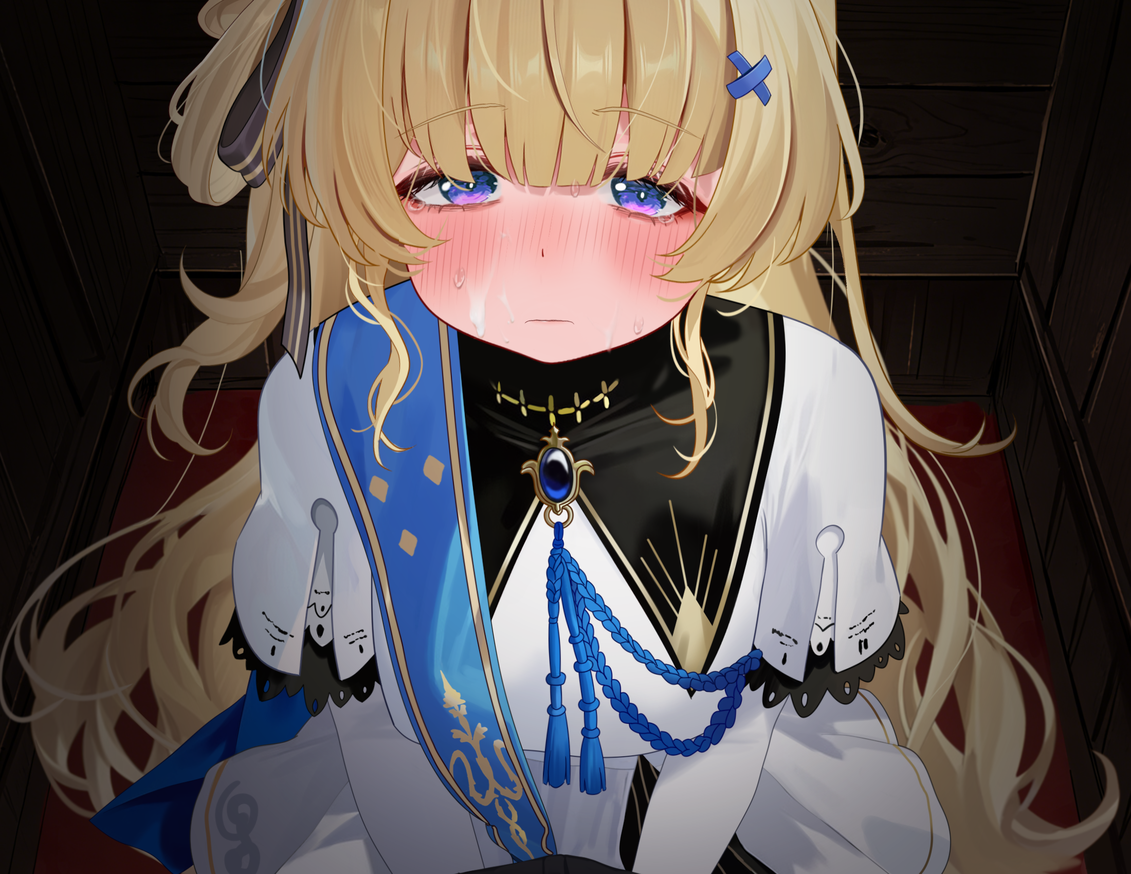 mako (makoda), male rover (wuthering waves), phoebe (wuthering waves), rover (wuthering waves), wuthering waves, commentary request, highres, large variant set, paid reward available, partial commentary, variant set, 1boy, 1girl, after fellatio, blonde hair, blue sash, blush, breasts, closed mouth, confessional, cum, cum in mouth, cum on body, facial, fingernails, hairband, indoors, long hair, long sleeves, looking at viewer, medium breasts, no headwear, nose blush, pov, purple eyes, sash, shirt, skirt, solo focus, tears, very long hair, white hairband, white shirt, white skirt