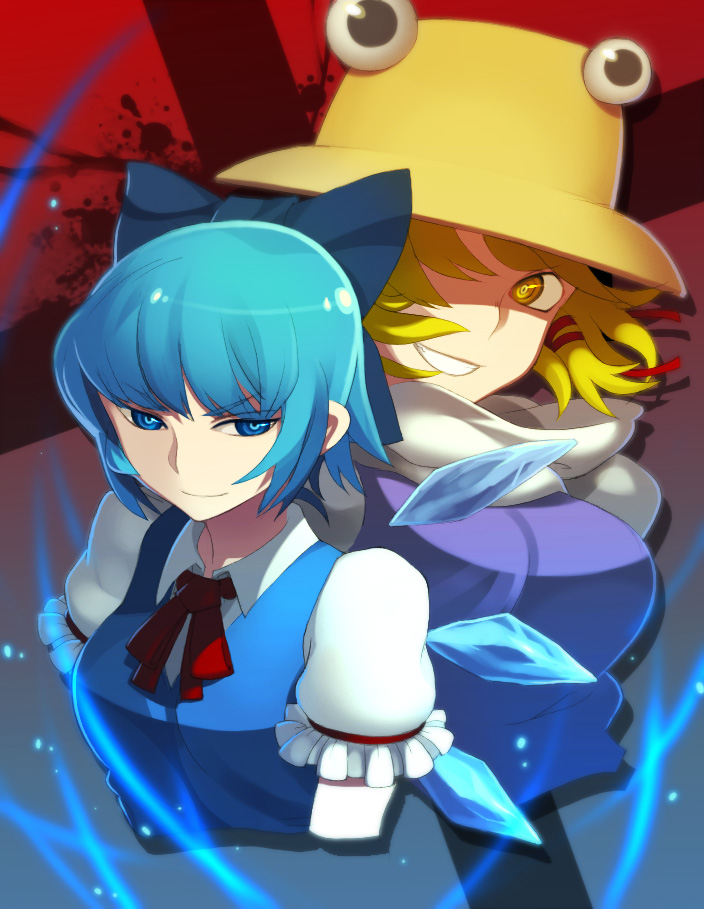 miaoye, cirno, moriya suwako, touhou, 2girls, aged up, blonde hair, blue eyes, blue hair, bow, hair bow, hat, multiple girls, short hair, wings, yellow eyes