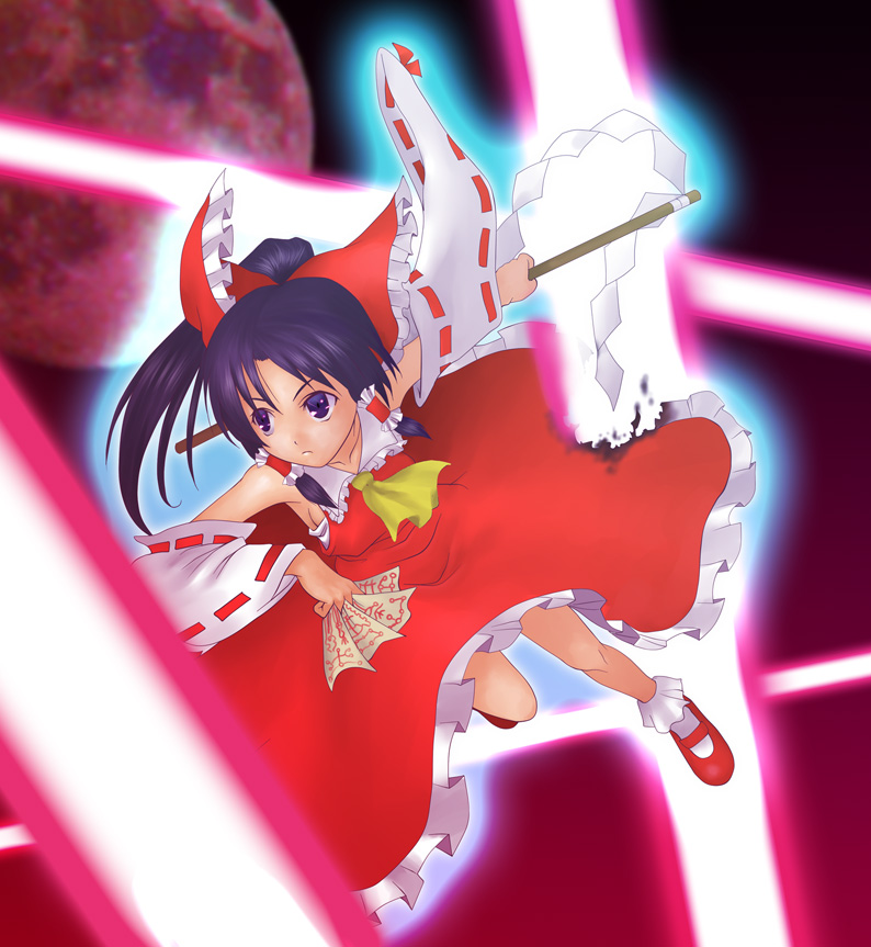 shiganai might, hakurei reimu, touhou, commentary request, md5 mismatch, resolution mismatch, revision, source larger, 1girl, black eyes, black hair, bow, closed mouth, collarbone, danmaku, flying, gohei, hair between eyes, hair bow, holding, holding gohei, laser, moon, ofuda, red bow, red shoes, ribbon, shoes, socks, solo, white socks