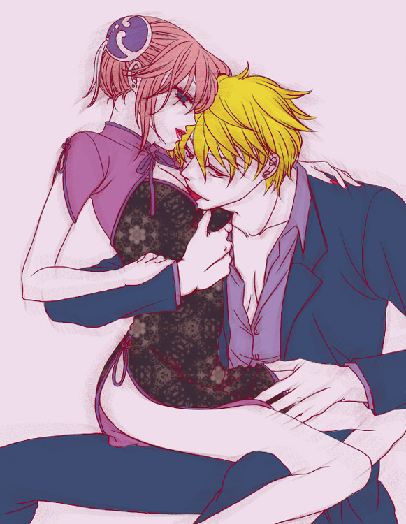 kagura (gintama), sakata kintoki, gintama, 1boy, 1girl, blonde hair, blue eyes, breasts, bun cover, china dress, chinese clothes, cleavage, couple, double bun, dress, formal clothes, groping, hetero, licking, red eyes, red hair, suit