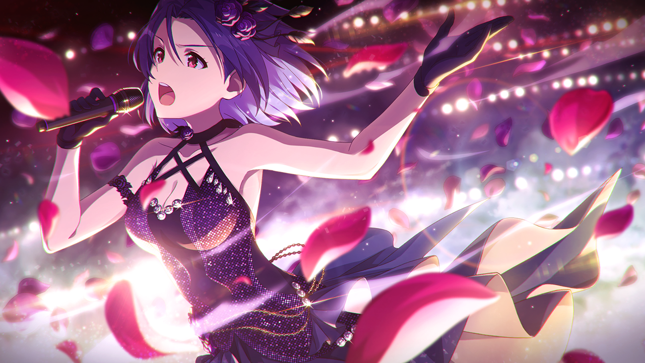 miura azusa, idolmaster, idolmaster (classic), idolmaster million live!, idolmaster million live! theater days, commentary request, game cg, official art, third-party source, 1girl, black gloves, blue hair, blurry, blurry foreground, breasts, cleavage, concert, dress, falling petals, flower, gloves, hair flower, hair ornament, holding, holding microphone, microphone, music, official alternate costume, open mouth, petals, purple dress, purple eyes, purple flower, purple rose, rose, sequins, short hair, singing, sleeveless, sleeveless dress, solo, standing