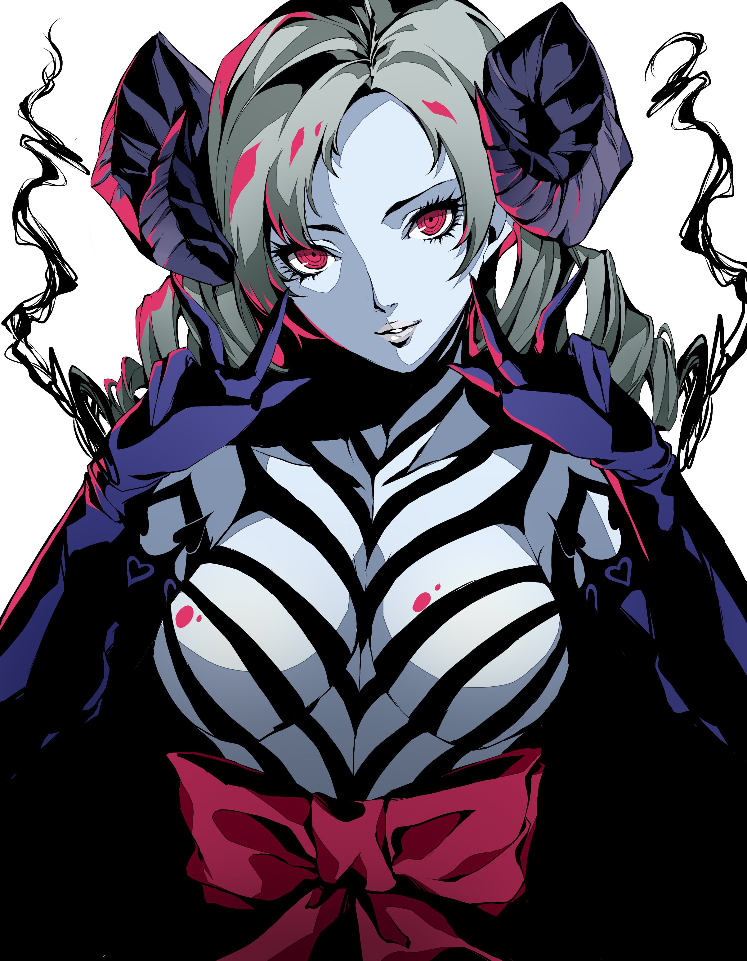 pertex 777, catherine (atlus character), catherine (game), absurdres, highres, 1girl, black gloves, blonde hair, breasts, colored skin, demon girl, demon horns, drill hair, elbow gloves, gloves, grey skin, horns, looking at viewer, official alternate costume, pale skin, red eyes, red ribbon, ribbon, ringed eyes, solo, twin drills, v, white background