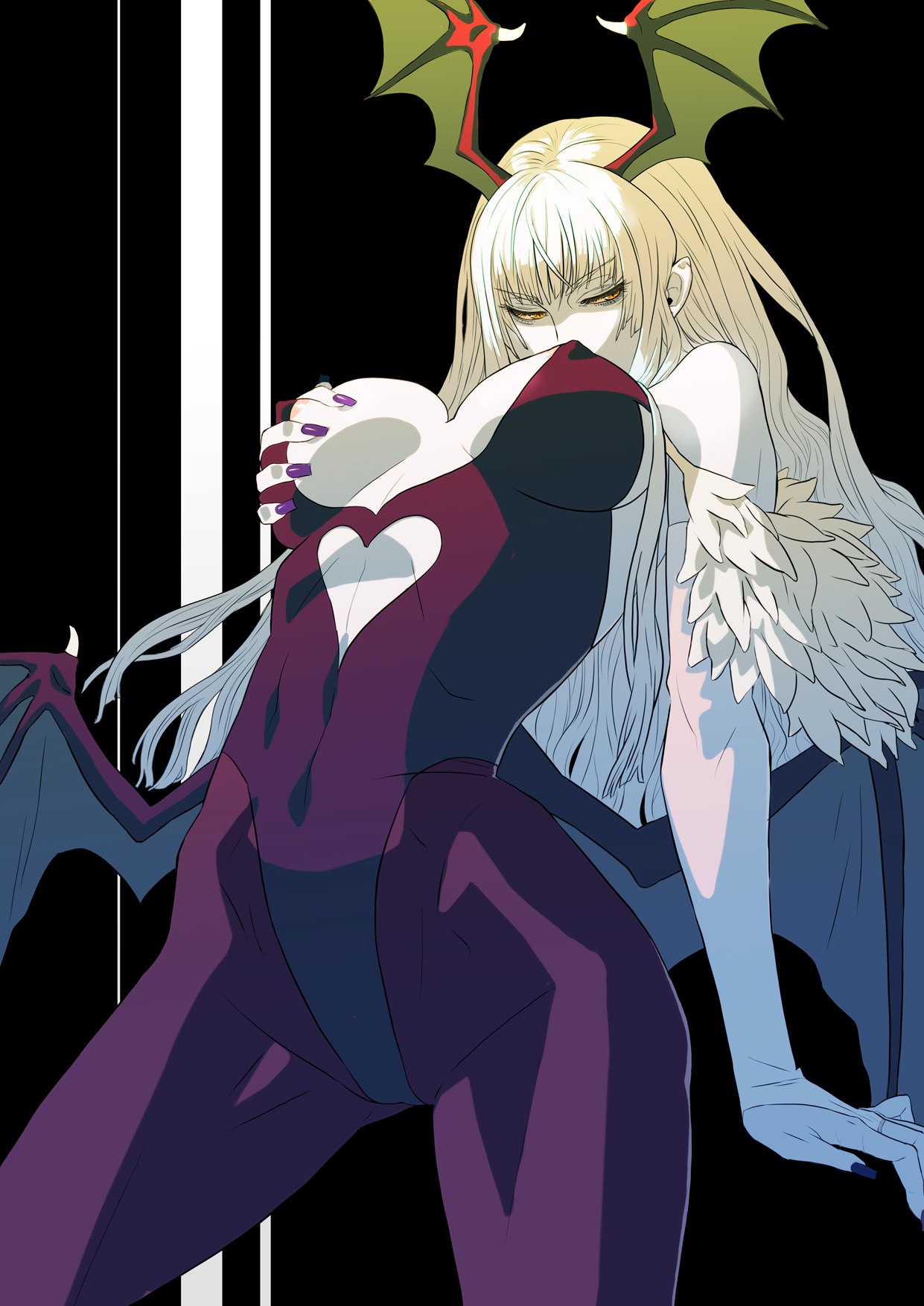 yoshimura ken'ichirou, yosshii, morrigan aensland, capcom, darkstalkers, crotch, highres, 1girl, alternate color, alternate eye color, alternate hair color, areola slip, bare shoulders, bat wings, black background, blonde hair, breasts, breasts apart, bridal gauntlets, center opening, cleavage, clothing cutout, colored skin, covered erect nipples, cowboy shot, demon girl, female focus, fingerless gloves, fingernails, from below, fur trim, gloves, grabbing own breast, half-closed eyes, head wings, heart, heart cutout, high contrast, highleg, highleg leotard, large breasts, legs apart, leotard, long fingernails, looking to the side, low wings, midriff, nail polish, pantyhose, purple nails, sideboob, simple background, solo, standing, white hair, white skin, wings, yellow eyes