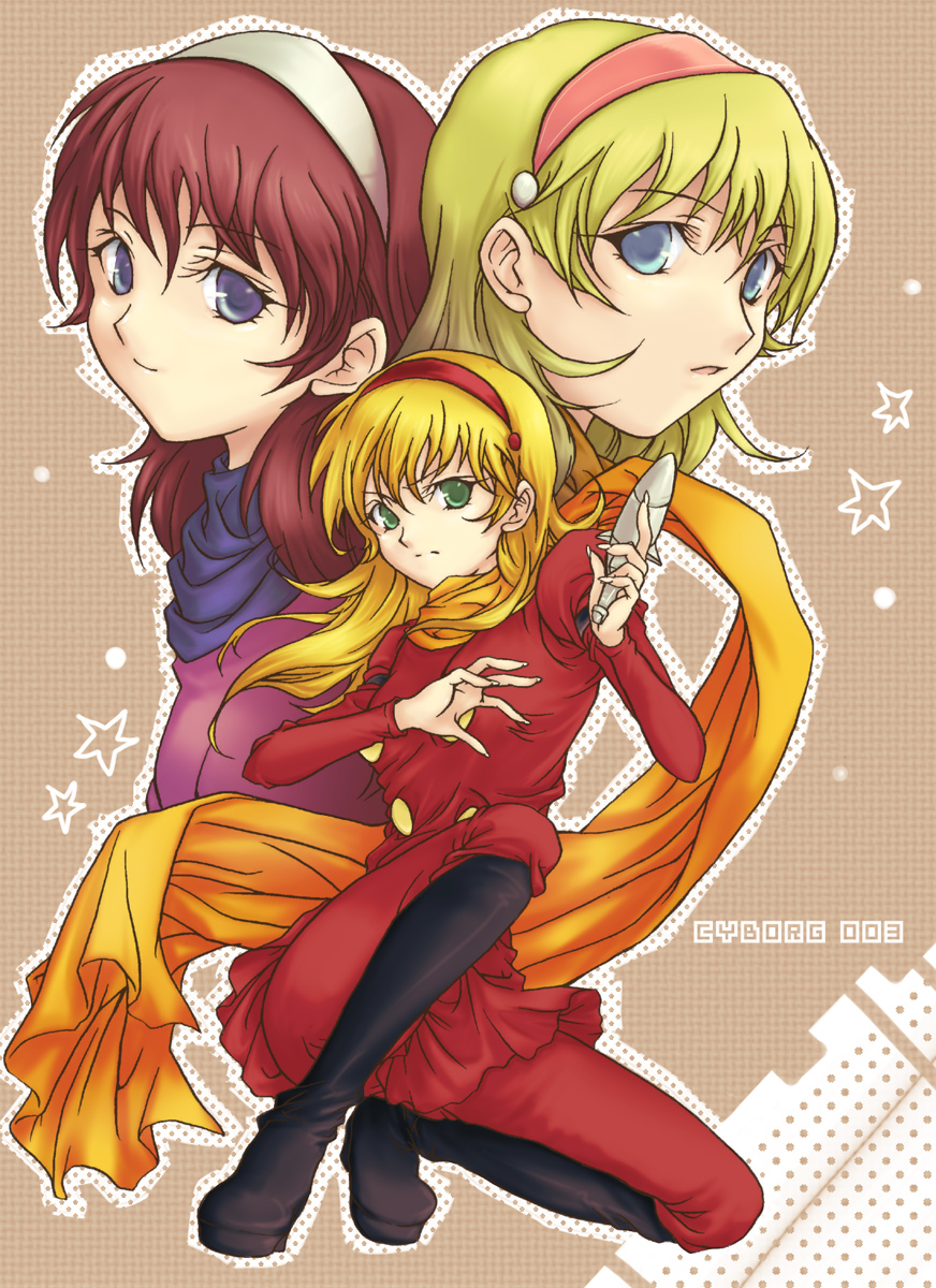 yamo, yamo (sky2world), francoise arnoul, cyborg 009, uniform, character request, highres, 1girl, blonde hair, blue eyes, boots, brown hair, character name, green eyes, hairband, kneeling, long hair, multiple persona, retro artstyle, scarf, text focus, weapon