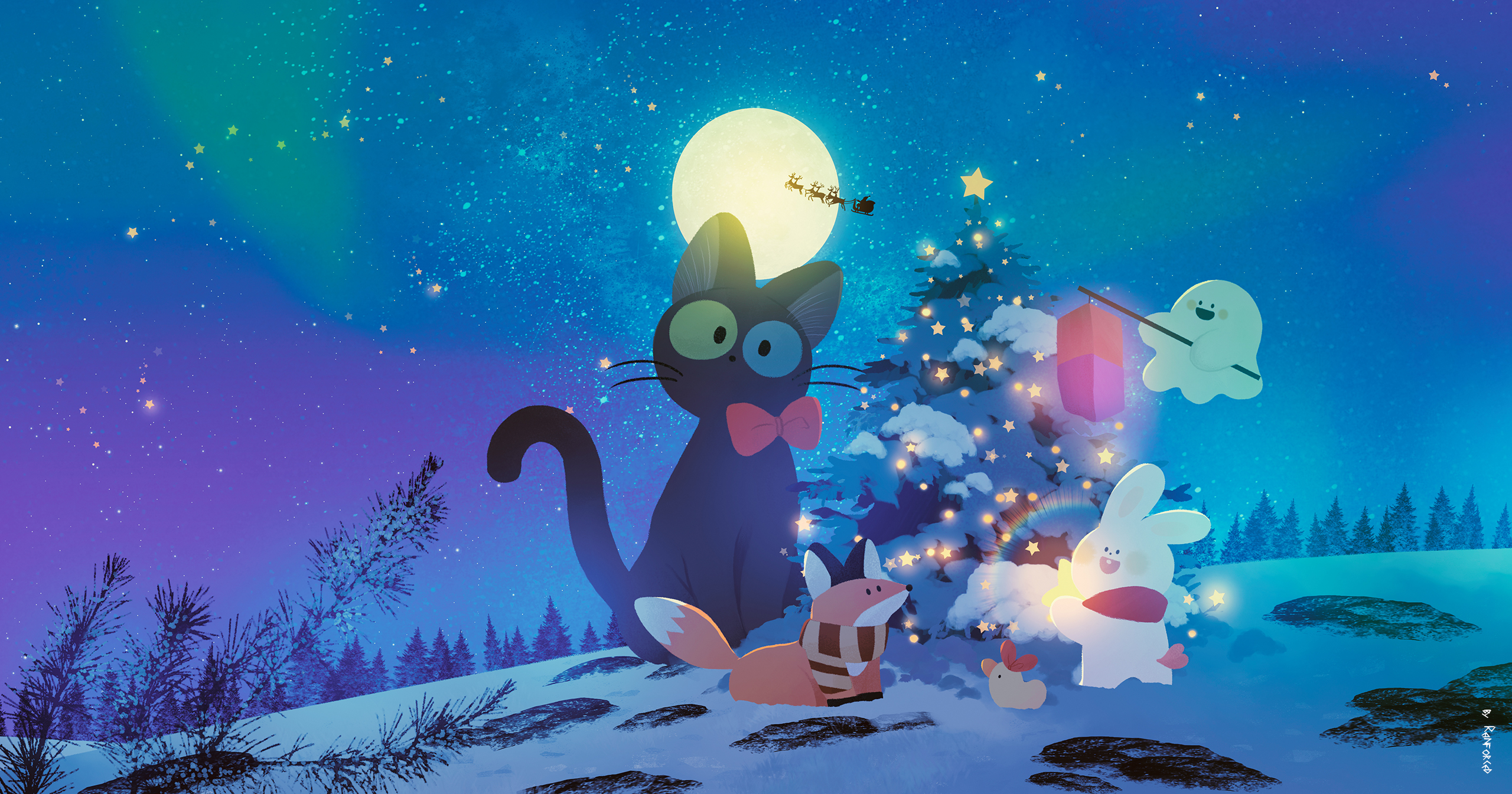 reinforced, original, commentary, english commentary, highres, animal, animal focus, black cat, bow, bowtie, cat, christmas tree, fox, full moon, ghost, heterochromia, moon, night, no humans, outdoors, rabbit, red bow, red bowtie, reindeer, scenery, sky, sleigh, snow, star (sky), starry sky, tree, white rabbit (animal)
