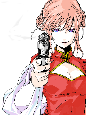 kagura (gintama), gintama, lowres, 1girl, aged up, aiming, aiming at viewer, blue eyes, breasts, china dress, chinese clothes, cleavage, cleavage cutout, clothing cutout, double bun, dress, female focus, grin, gun, hair bun, handgun, holding, holding gun, holding weapon, looking at viewer, medium breasts, nail polish, parted lips, pistol, purple eyes, red china dress, red dress, red hair, red nails, scarf, simple background, smile, solo, upper body, weapon, white background