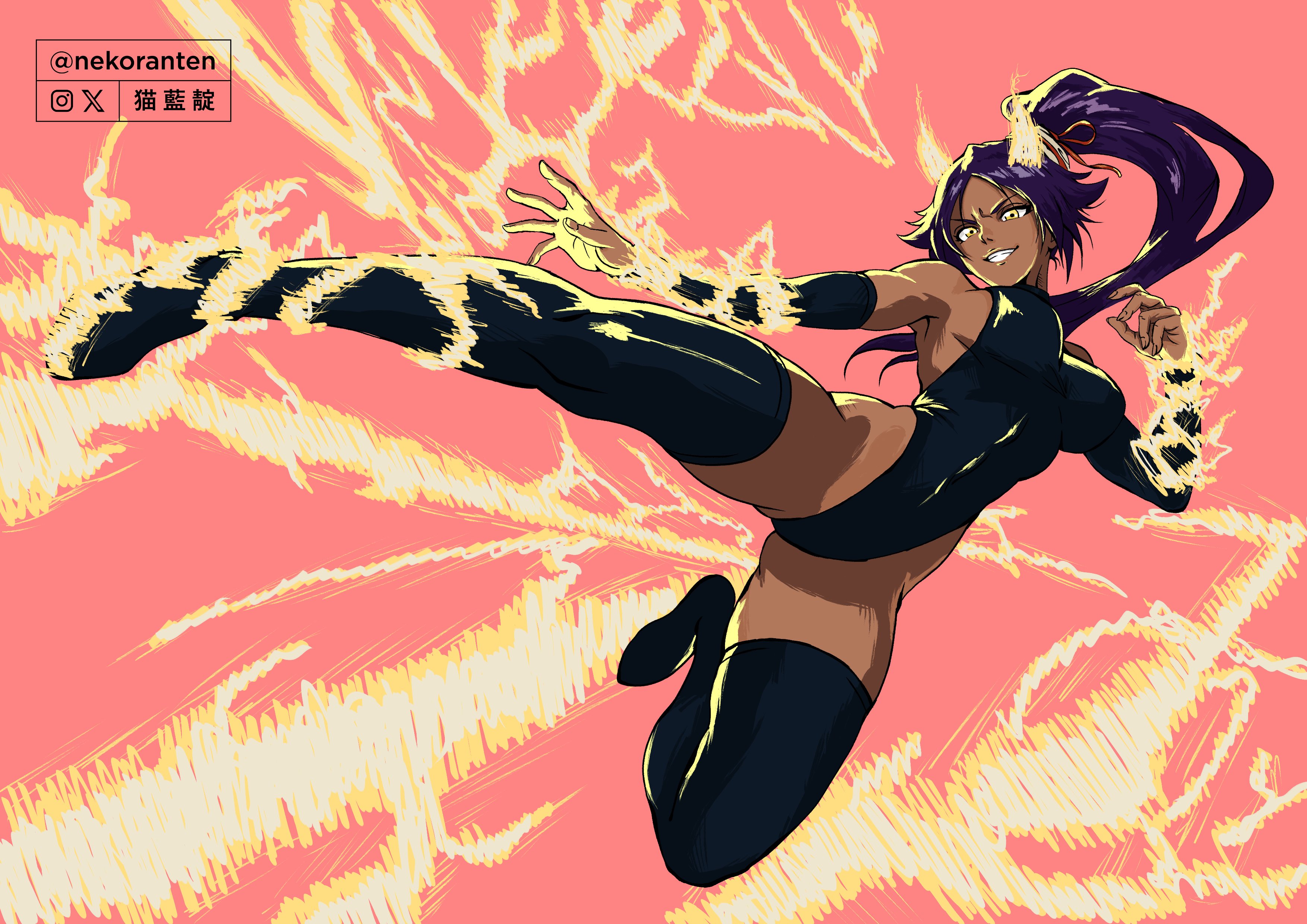 nekoranten, shihouin yoruichi, bleach, absurdres, commentary, english commentary, highres, 1girl, black leotard, black thighhighs, breasts, dark-skinned female, dark skin, detached sleeves, electricity, flying kick, full body, furrowed brow, grin, hair ribbon, high ponytail, highleg, highleg leotard, kicking, large breasts, leotard, long hair, looking at viewer, ponytail, purple hair, ribbon, sideboob, smile, solo, thighhighs, twitter username, v-shaped eyebrows, yellow eyes