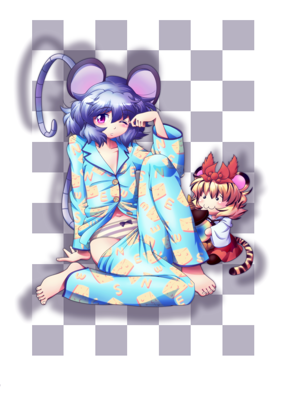 raionsan, nazrin, toramaru shou, touhou, highres, 2girls, :3, animal ears, arm support, barefoot, bishamonten's pagoda, blush, bow, bow panties, checkered background, chibi, clothes pull, collarbone, feet, female focus, grey panties, kemonomimi mode, leaning back, mouse ears, multiple girls, one eye closed, pajamas, panties, pants, pants pull, sitting, striped clothes, striped panties, tail, tiger ears, underwear, wince, wink