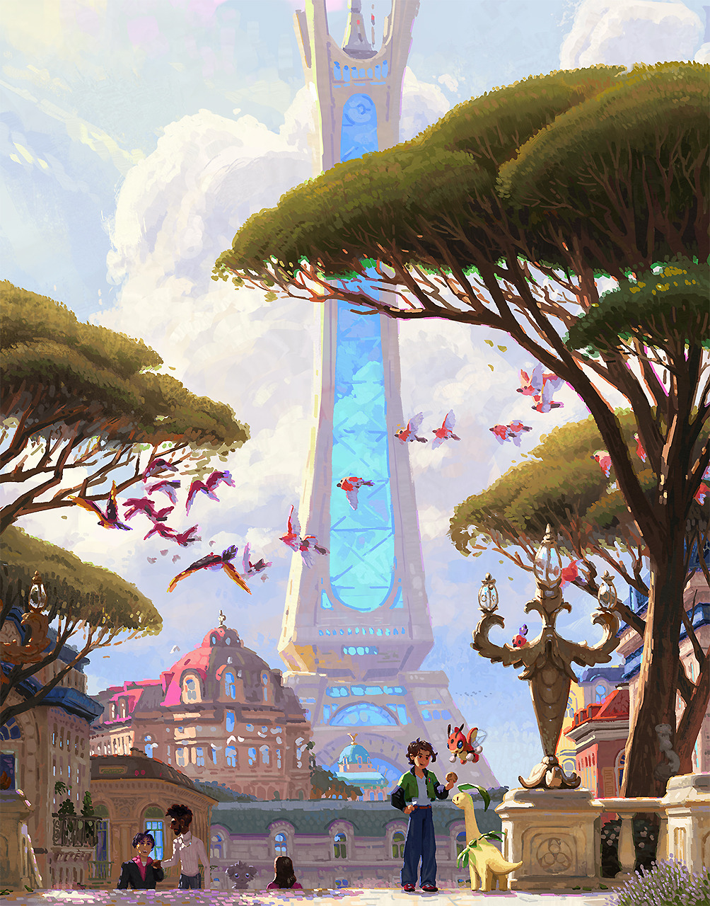 chrishohl, arboliva, bayleef, espurr, fletchinder, fletchling, ledian, paxton (pokemon), swablu, talonflame, nintendo, pokemon, pokemon legends: z-a, commentary, english commentary, highres, 1other, 3boys, blue sky, branch, building, bush, cloud, cloudy sky, dark-skinned male, dark skin, gen 2 pokemon, gen 3 pokemon, gen 6 pokemon, lamppost, lumiose city, multiple boys, pokemon (creature), prism tower, sky, slice of life, statue, tower, tree