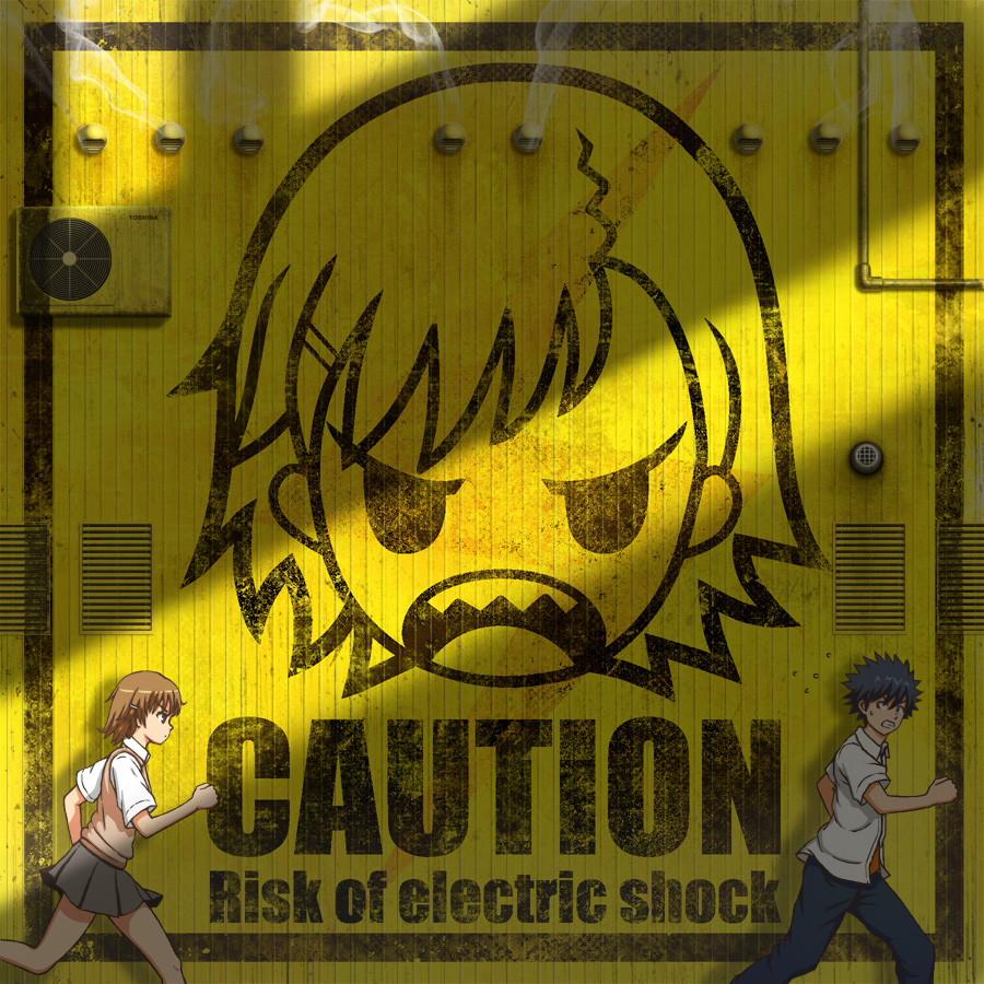 jijo, kamijou touma, misaka mikoto, toaru kagaku no railgun, toaru majutsu no index, 1boy, 1girl, brown hair, chasing, chibi, electricity, electrokinesis, english text, hair ornament, hairclip, running, school uniform, short hair, sign, sweatdrop, warning sign, yellow theme