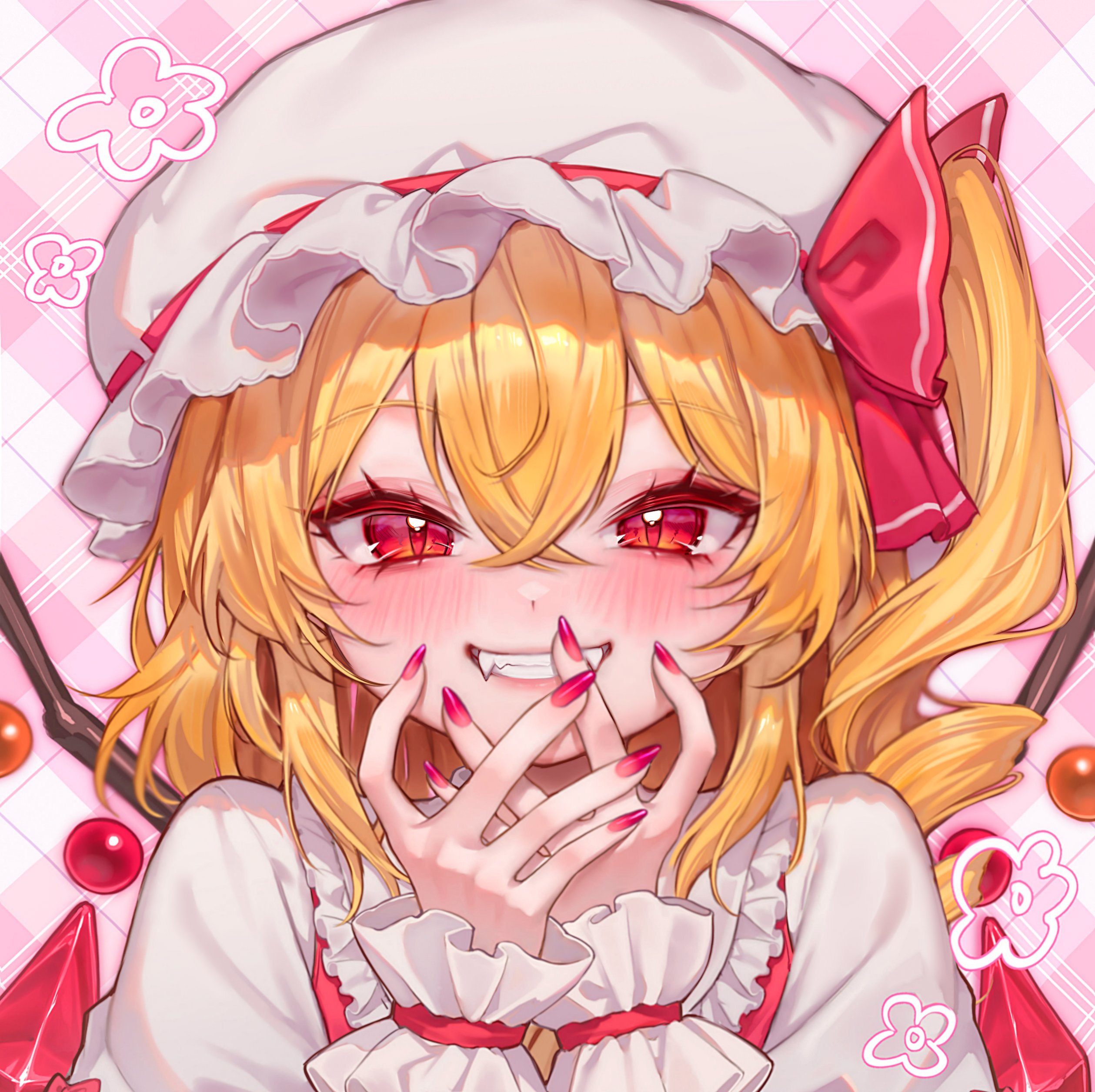 qiu ju, flandre scarlet, touhou, absurdres, commentary, highres, 1girl, blonde hair, blush, bow, collared shirt, crystal, crystal wings, drill hair, fang, frilled shirt collar, frills, grin, hat, hat bow, long hair, looking at viewer, mob cap, multicolored wings, one side up, portrait, red bow, red eyes, red nails, red vest, shirt, slit pupils, smile, solo, vest, white hat, white shirt, wings, wrist cuffs