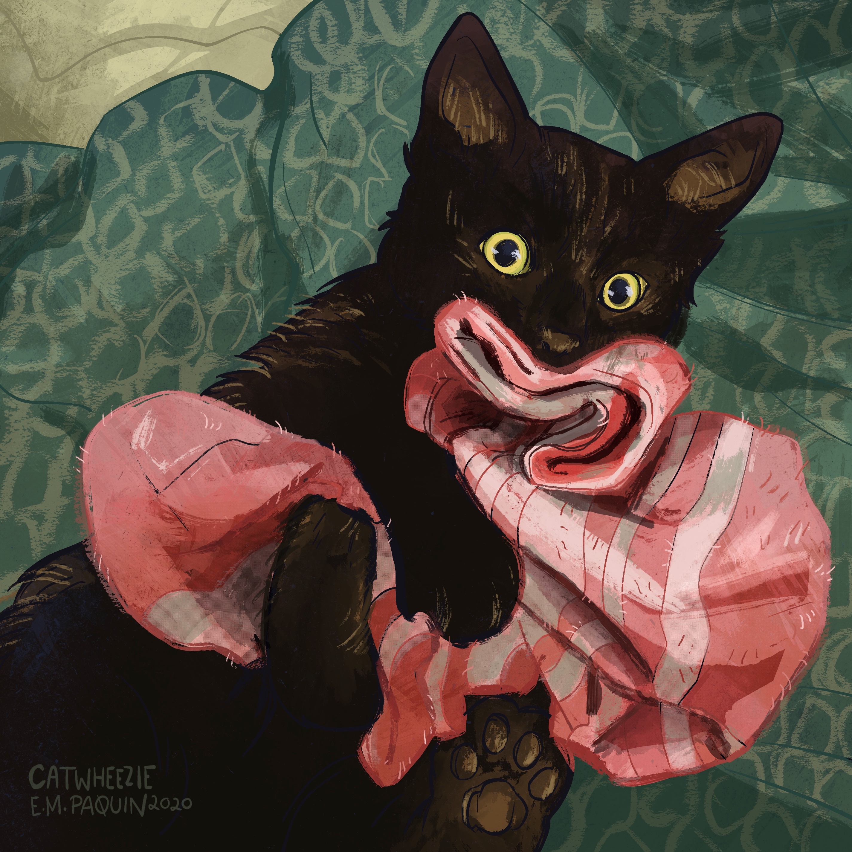 catwheezie, original, absurdres, commentary, english commentary, highres, animal, animal focus, artist name, black cat, cat, looking at viewer, no humans, towel