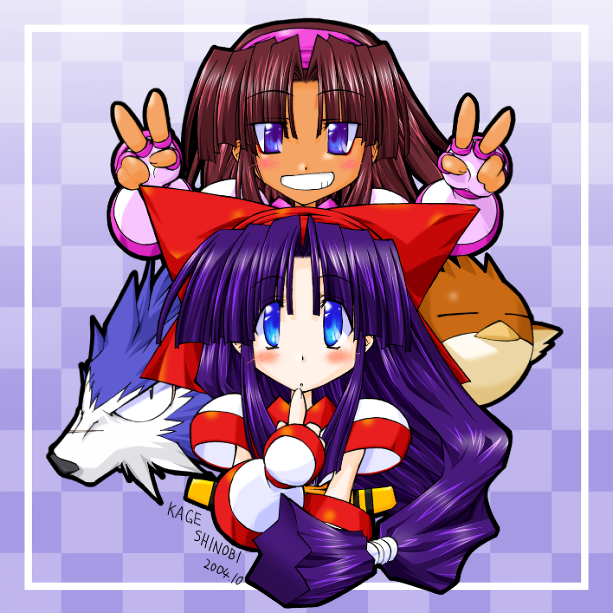 kageyama shinobi, mamahaha, murasaki nakoruru, nakoruru, shikuru, samurai spirits, snk, highres, 2girls, ainu clothes, artist name, blue eyes, brown hair, dark-skinned female, dark skin, dated, double v, dual persona, finger to mouth, grin, hair ribbon, long hair, looking at viewer, multiple girls, open mouth, purple eyes, purple hair, ribbon, short hair, smile, tongue, v, weapon, wolf