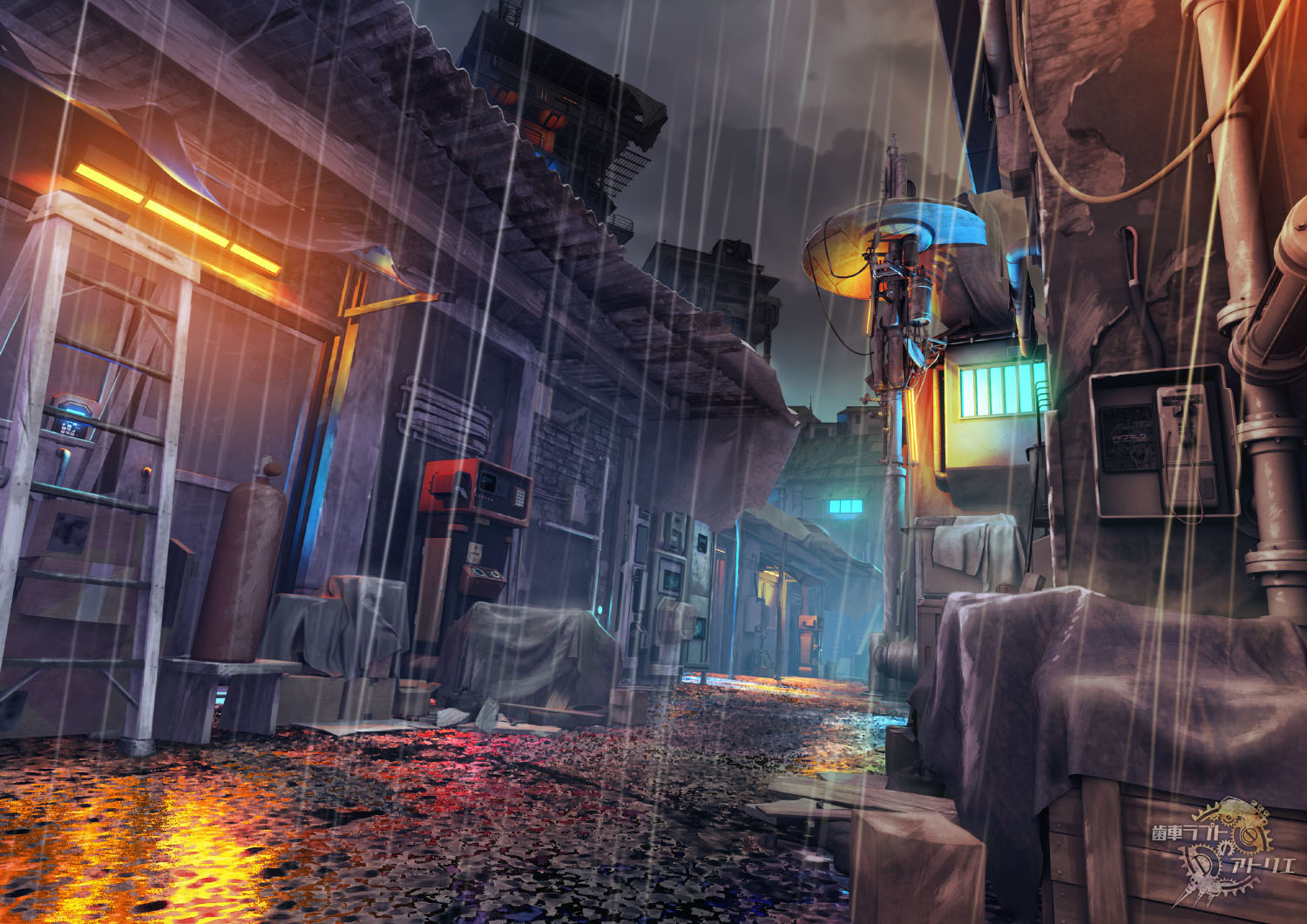 haguruma rapt, original, commentary request, building, cable, canister, crate, night, no humans, outdoors, rain, scenery, watermark