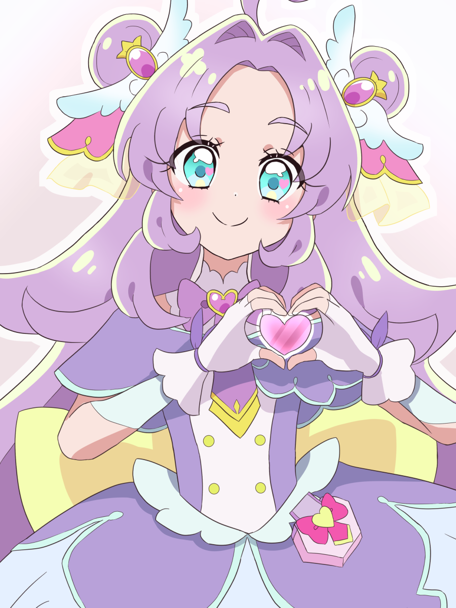 meitantei precure!, precure, commentary request, highres, 1girl, akechi anna, back bow, blue eyes, bow, brooch, buttons, capelet, closed mouth, cowboy shot, cure answer, dot nose, double-breasted, double bun, dress, fingerless gloves, gem, gloves, hair bun, hair ornament, heart, heart brooch, heart hands, heart in eye, jewelry, kei yunokawa, large bow, layered dress, long hair, looking at viewer, magical girl, outline, pact holder, purple background, purple bow, purple capelet, purple dress, purple gem, purple gloves, purple hair, purple theme, smile, solo, split mouth, standing, symbol in eye, white outline, yellow bow