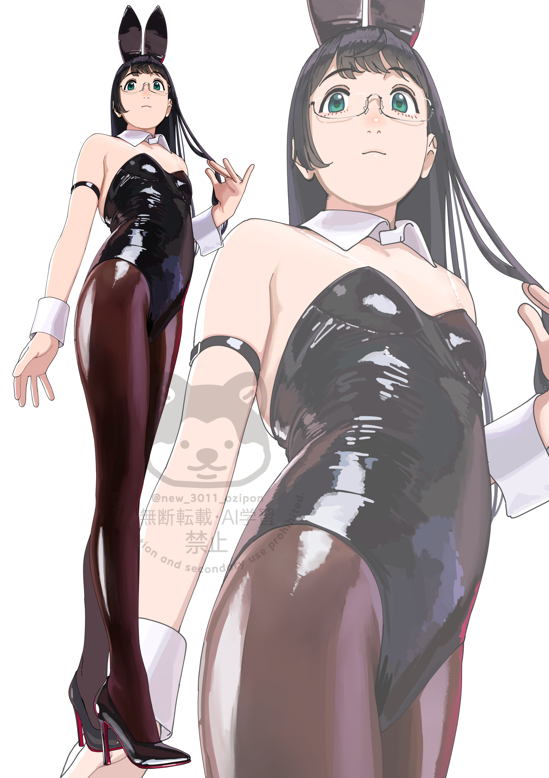 ojipon, ooyodo (kancolle), kantai collection, absurdres, commentary request, highres, 1girl, alternate costume, animal ears, black hair, black leotard, black shoes, breasts, brown pantyhose, closed mouth, fake animal ears, glasses, green eyes, high heels, leotard, long hair, pantyhose, playboy bunny, rabbit ears, shoes, simple background, small breasts, watermark, white background, wrist cuffs, zoom layer