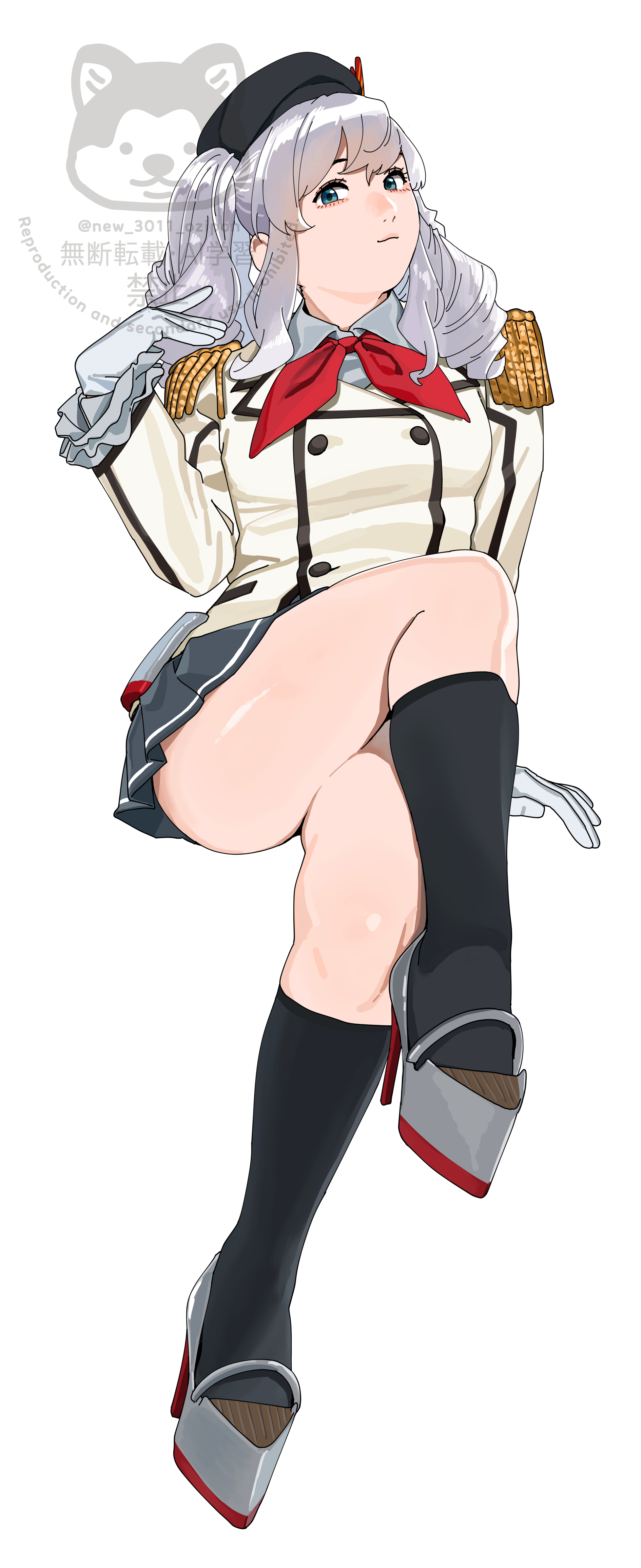 ojipon, kashima (kancolle), kantai collection, absurdres, commentary request, highres, 1girl, :3, beret, black hat, black socks, blue eyes, epaulettes, frilled sleeves, frills, full body, grey hair, grey skirt, hat, hat ornament, invisible chair, jacket, long hair, long sleeves, military uniform, pleated skirt, rudder footwear, sitting, skirt, smile, socks, solo, watermark, wavy hair, white background, white jacket