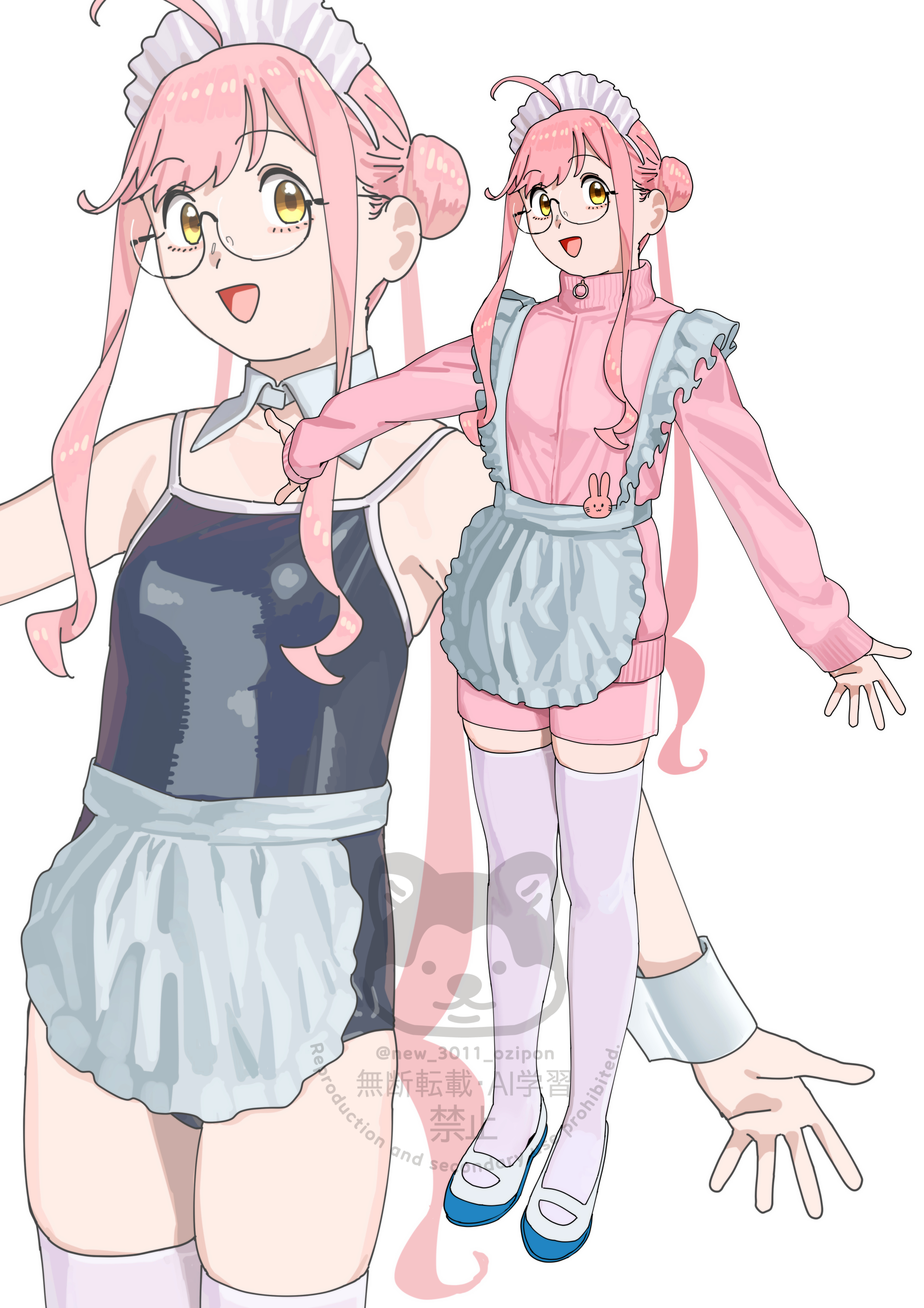 ojipon, makigumo (kancolle), kantai collection, absurdres, highres, 1girl, ahoge, alternate costume, apron, detached collar, glasses, hair bun, jacket, jersey maid, long hair, long sleeves, looking at viewer, maid, maid headdress, multiple views, one-piece swimsuit, open mouth, pink hair, pink jacket, pink shorts, shoes, shorts, sidelocks, simple background, sleeves past wrists, standing, swimsuit, thighhighs, track jacket, twintails, unconventional maid, uwabaki, waist apron, watermark, white background, wrist cuffs, yellow eyes