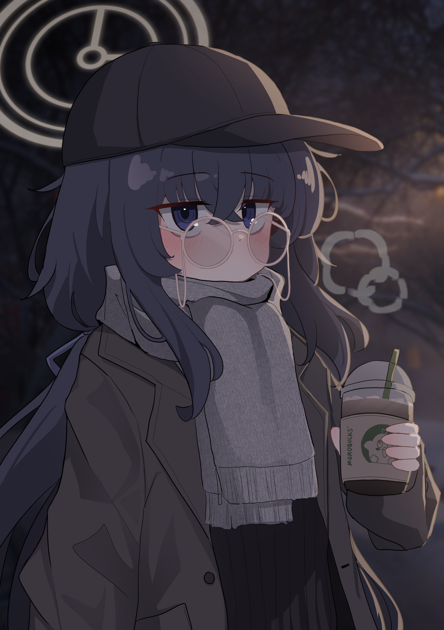 balenjeong, peroro (blue archive), ui (blue archive), blue archive, absurdres, commentary request, highres, korean commentary, 1girl, alternate costume, baseball cap, black hair, black hat, blue eyes, blue ribbon, blurry, blurry background, blush, breath, brown coat, coat, cup, disposable cup, drinking straw, eyewear strap, glasses, grey scarf, hair between eyes, hair ribbon, halo, hat, holding, holding cup, long hair, long sleeves, looking at viewer, night, outdoors, ribbon, round eyewear, scarf, solo, very long hair