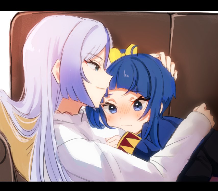 yumi san0112, shalala (precure), sora harewataru, hirogaru sky! precure, precure, 2girls, blue eyes, blue hair, blue tunic, blush, bow, closed mouth, couch, cuddling, cut bangs, frown, gradient hair, grey hair, hair bow, half-closed eyes, hug, letterboxed, long sleeves, looking at another, lying, medium hair, multicolored hair, multiple girls, on back, on couch, on person, on stomach, shirt, side ponytail, single sidelock, smile, tunic, white shirt, yellow bow