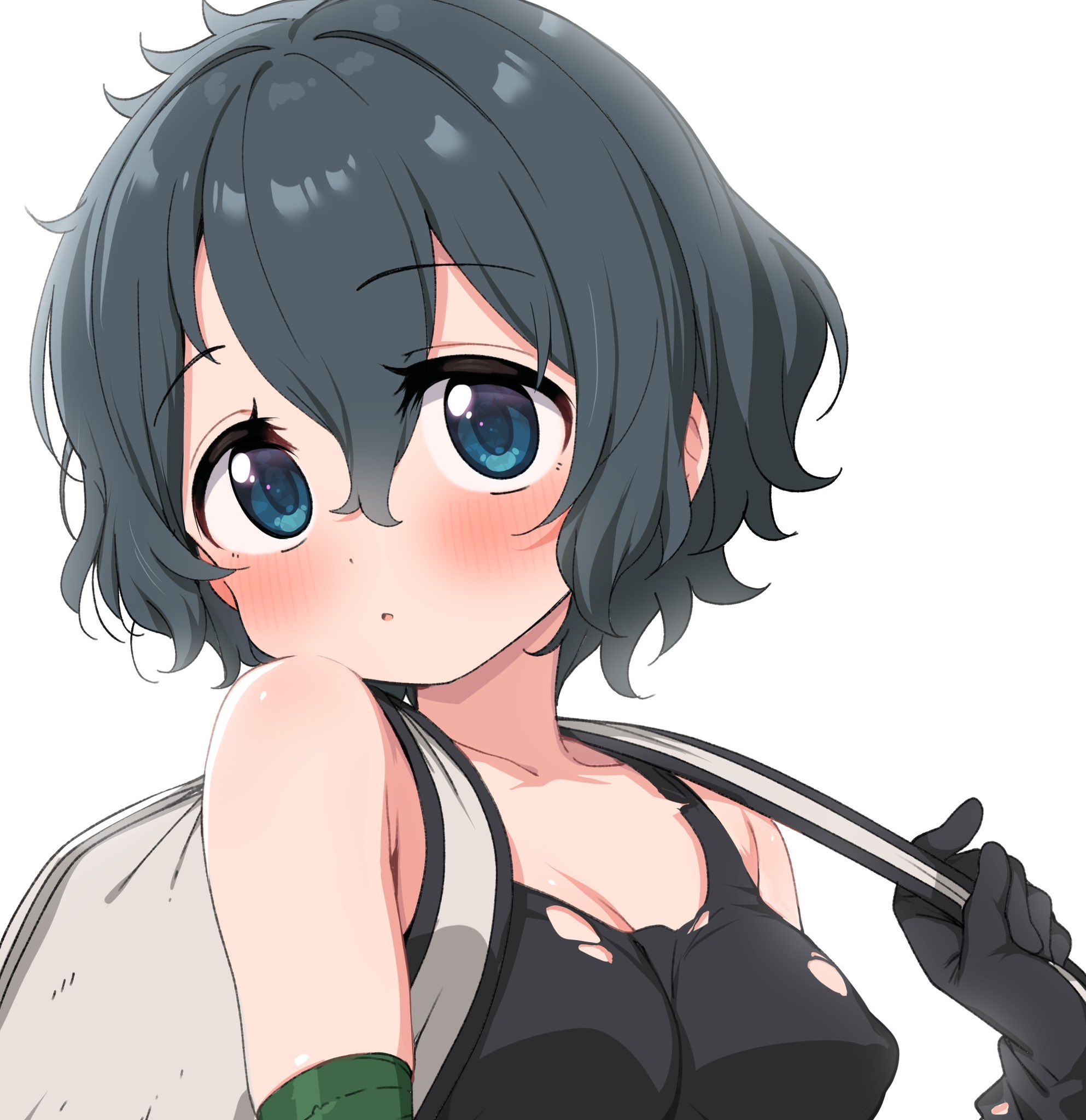 ransusan, kaban (kemono friends), kemono friends, commentary request, highres, 1girl, bag, bandaged arm, bandages, black hair, blue eyes, breasts, cleavage, covered erect nipples, gloves, large breasts, looking at viewer, messy hair, shirt, short hair, solo, survival friends, torn clothes, torn shirt, wavy hair