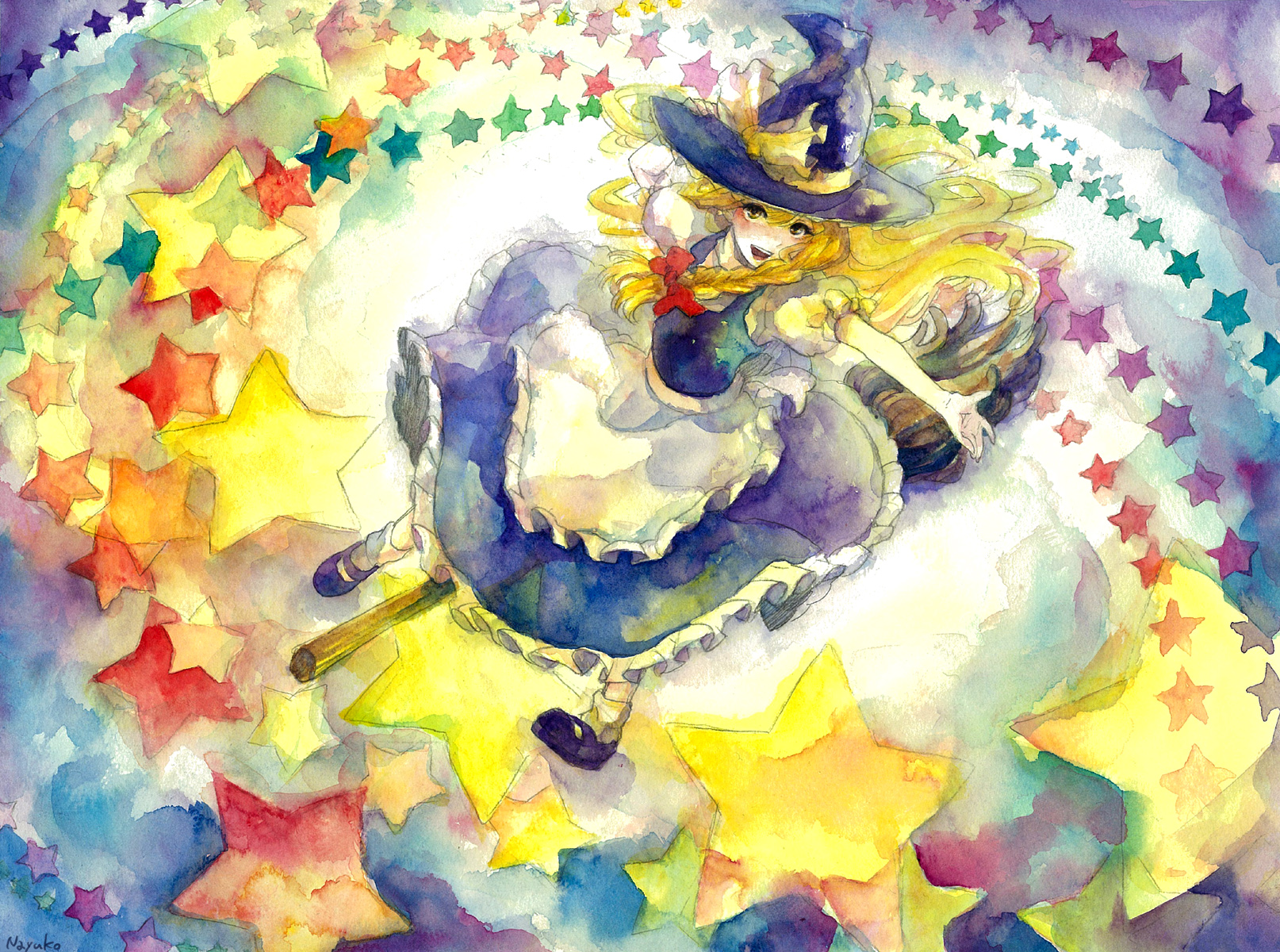 nayuko, kirisame marisa, touhou, bad id, bad pixiv id, highres, painting (medium), traditional media, watercolor (medium), 1girl, blonde hair, braid, broom, danmaku, female focus, hat, long hair, solo, star (symbol), witch hat, yellow eyes