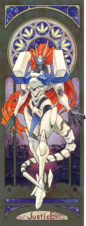 hitotsubashi, justice (guilty gear), arc system works, guilty gear, art nouveau, card (medium), justice (tarot), long hair, mecha, red hair, robot, solo, tail, tarot, tarot (medium)