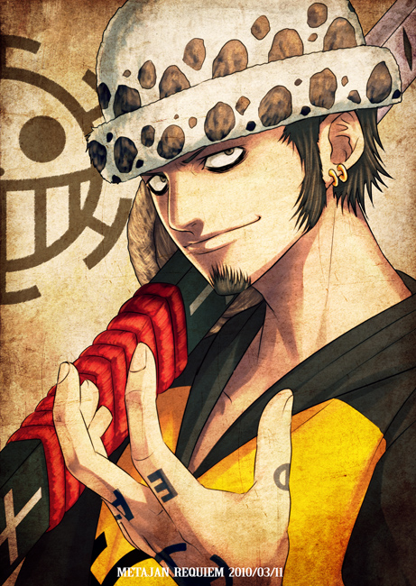 k-suwabe, trafalgar law, one piece, 1boy, earrings, facial hair, fuzzy hat, goatee, hat, hood, hoodie, jewelry, jolly roger, long sideburns, male focus, ootachi, pirate, raglan sleeves, sheath, sheathed, solo, sword, tattoo, weapon