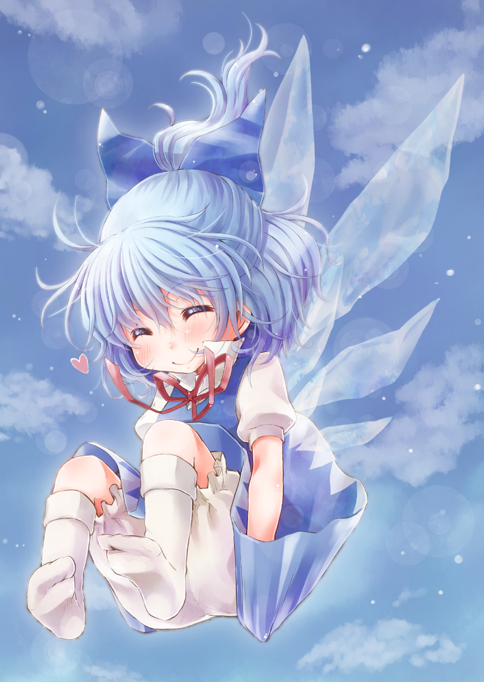 yukiu con, cirno, embodiment of scarlet devil, touhou, highres, 1girl, bloomers, blue hair, blush, bow, closed eyes, falling, feet, female focus, full body, hair bow, heart, kneehighs, meltdown-comet, outdoors, ponytail, sky, smile, socks, solo, underwear, wings