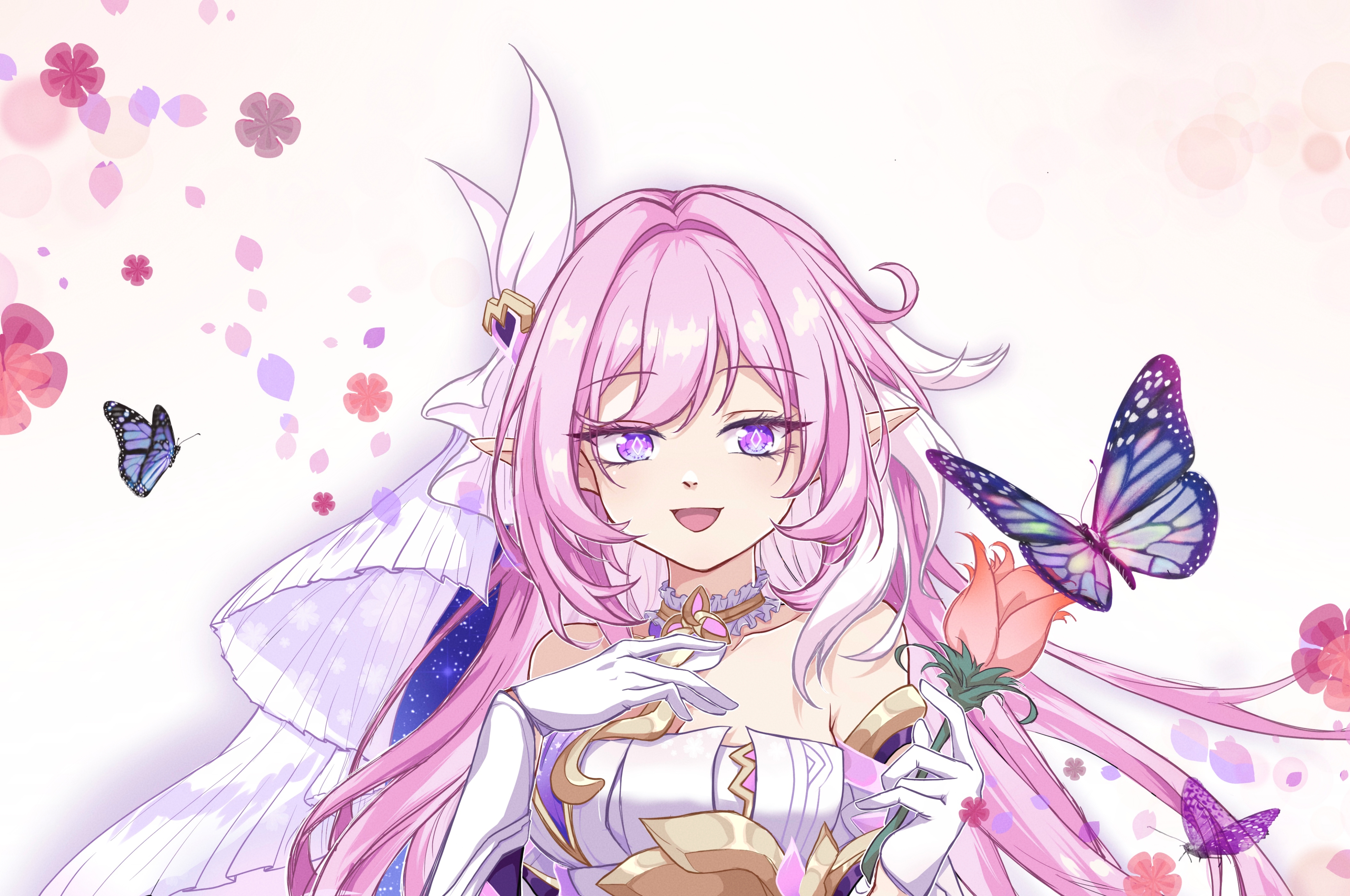 ccii00, elysia (herrscher of human: ego) (honkai impact), elysia (honkai impact), honkai (series), honkai impact 3rd, absurdres, chinese commentary, commentary request, highres, 1girl, bare shoulders, breasts, bug, butterfly, corset, diamond-shaped pupils, diamond (shape), elf, floral background, gloves, insect, large breasts, long hair, looking at viewer, multicolored hair, pink hair, pointy ears, purple eyes, smile, solo, symbol-shaped pupils, triquetra, two-tone hair, upper body, veil, very long hair, white corset, white gloves, white hair, white veil