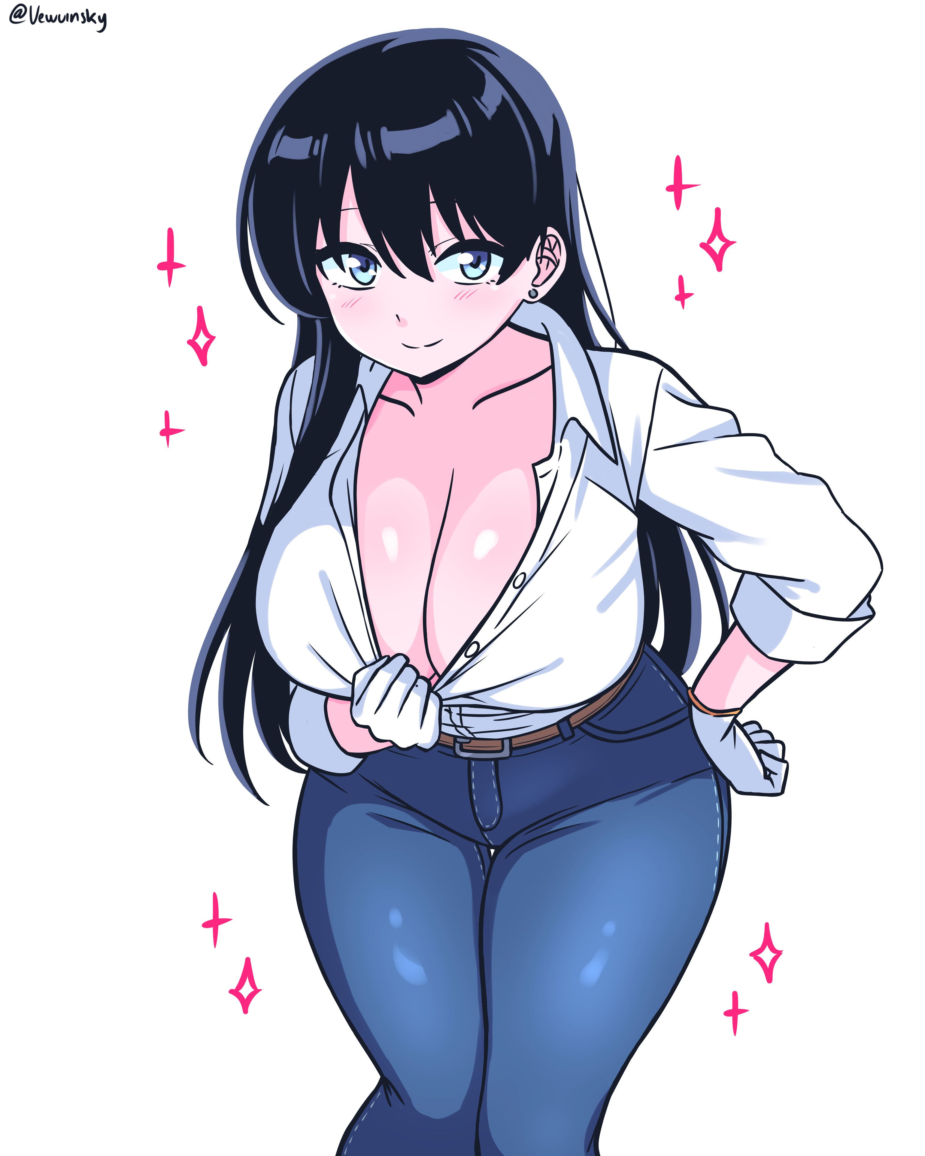 vewuinsky, arato nagi, ruri no houseki, absurdres, commentary, english commentary, highres, 1girl, artist name, black hair, blue eyes, blue pants, breasts, cleavage, closed mouth, earrings, gloves, hand on own hip, jewelry, large breasts, light blush, long hair, looking at viewer, pants, shirt, smile, solo, sparkle, stud earrings, twitter username, white gloves, white shirt
