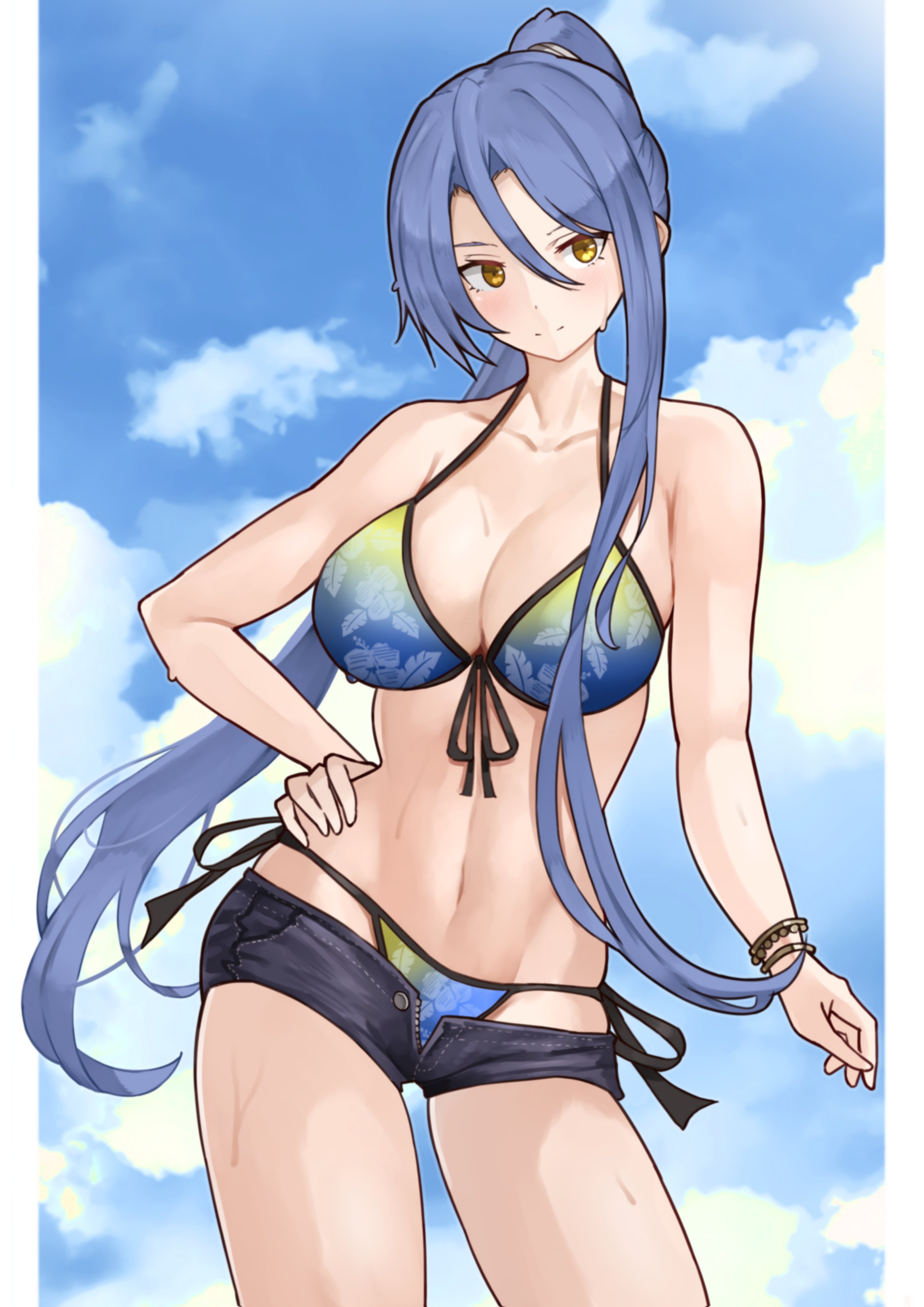 yotsuha uni, laura s. arseid, eiyuu densetsu, sen no kiseki, sen no kiseki (series), sen no kiseki iv, absurdres, commentary request, commission, highres, skeb commission, 1girl, bikini, bikini bottom under shorts, bikini under clothes, blue bikini, blue sky, border, bracelet, breasts, cleavage, closed mouth, cloud, denim, denim shorts, double-parted bangs, floral print, floral print bikini, front-tie bikini top, front-tie top, hair between eyes, hand on own hip, high ponytail, jewelry, large breasts, long hair, long single sidelock, looking at viewer, lowleg, lowleg bikini, lowleg shorts, navel, outdoors, partially unzipped, ponytail, print bikini, short shorts, shorts, side-tie bikini bottom, single sidelock, sky, smile, solo, stomach, sweatdrop, swimsuit, upper body, very long hair, white border, yellow eyes