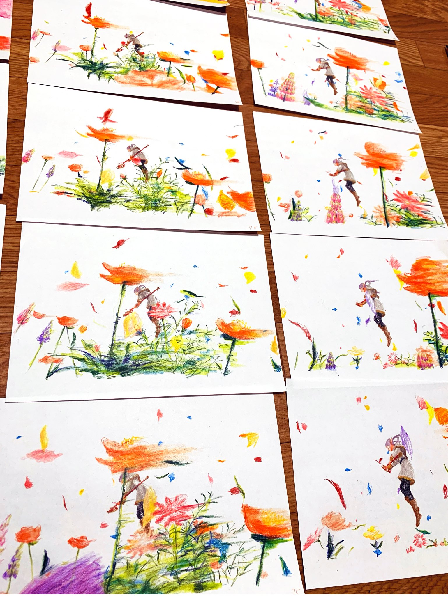 frieren, sousou no frieren, colored pencil (medium), highres, official art, photo (medium), traditional media, ankle boots, aoume mimei, black thighhighs, boots, brown boots, falling petals, floating, floating hair, flower, from side, grass, holding, holding staff, long hair, mage staff, miniskirt, orange petals, petals, purple petals, simple background, skirt, staff, thighhighs, twintails, white background, white hair