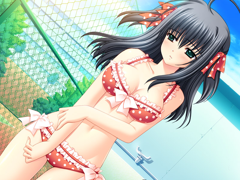 nishimata aoi, suzuhira hiro, yae sakura, really? really!, shuffle!, shuffle! essence+, game cg, source request, 1girl, ahoge, bikini, black hair, blush, bow, bow bikini, breasts, building, chain-link fence, cleavage, cloud, collarbone, fence, frilled bikini, frills, green eyes, hair ribbon, holding own wrist, long hair, looking to the side, medium breasts, navel, open mouth, polka dot, polka dot bikini, polka dot ribbon, red bikini, red ribbon, ribbon, school, sky, standing, swimsuit, twintails, white bow