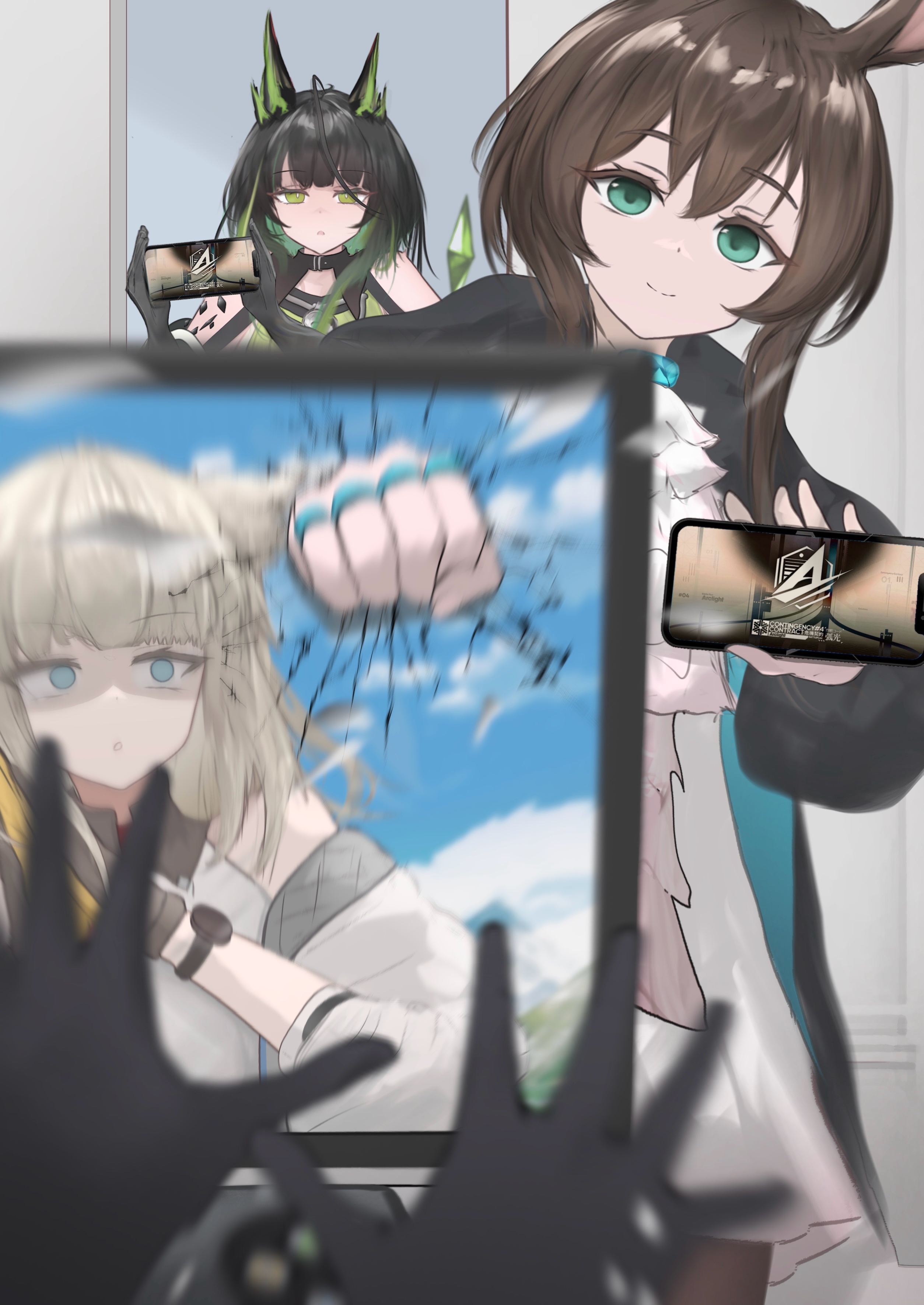 mebe (teadia violet), amiya (arknights), doctor (arknights), mon3tr (arknights), perlica (arknights), arknights, arknights: endfield, absurdres, commentary request, highres, 1other, 3girls, animal ears, aqua eyes, black coat, black hair, blurry, blurry foreground, brown hair, cellphone, clenched hand, coat, cracked screen, crystal horns, green eyes, green hair, hand up, hands up, holding, holding phone, long hair, long sleeves, looking at viewer, material growth, monitor, multiple girls, open clothes, open coat, oripathy lesion (arknights), parted lips, phone, pov, pov hands, rabbit ears, rabbit girl, smartphone, smile