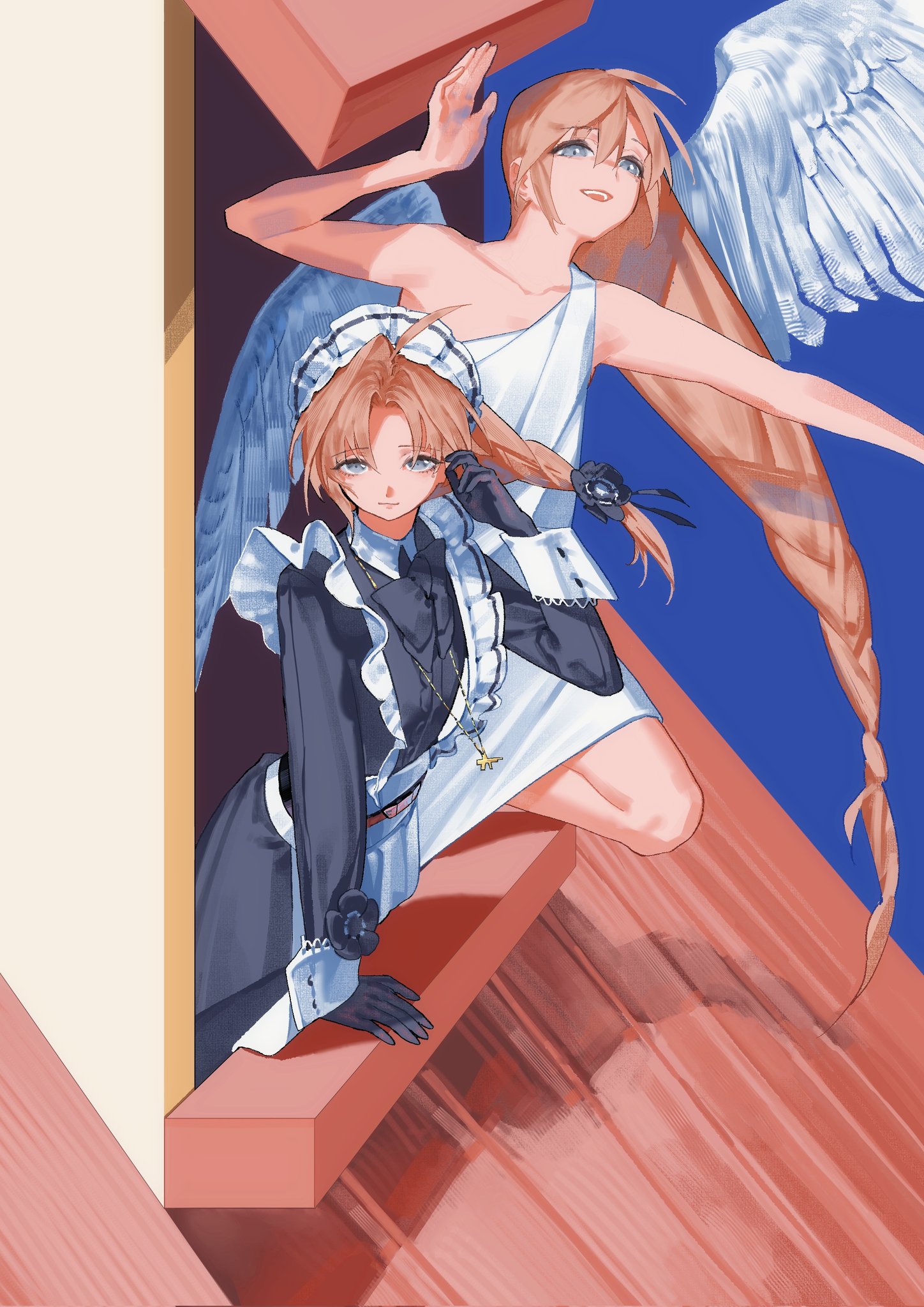 kanae (19th costume) (nijisanji), kanae (nijisanji), nijisanji, hashtag-only commentary, highres, 2boys, ahoge, angel wings, apron, black bow, black bowtie, black dress, black gloves, bow, bowtie, braid, brown hair, bw sekai, collared dress, crossdressing, crossdressing (mtf), dress, dual persona, flower hairtie, frilled apron, frills, gloves, long hair, looking at viewer, maid, maid headdress, male focus, male maid, multiple boys, official alternate costume, parted bangs, rooftop, single braid, sleeve cuffs, smile, tile roof, very long hair, virtual youtuber, white apron, white headdress, window, wings