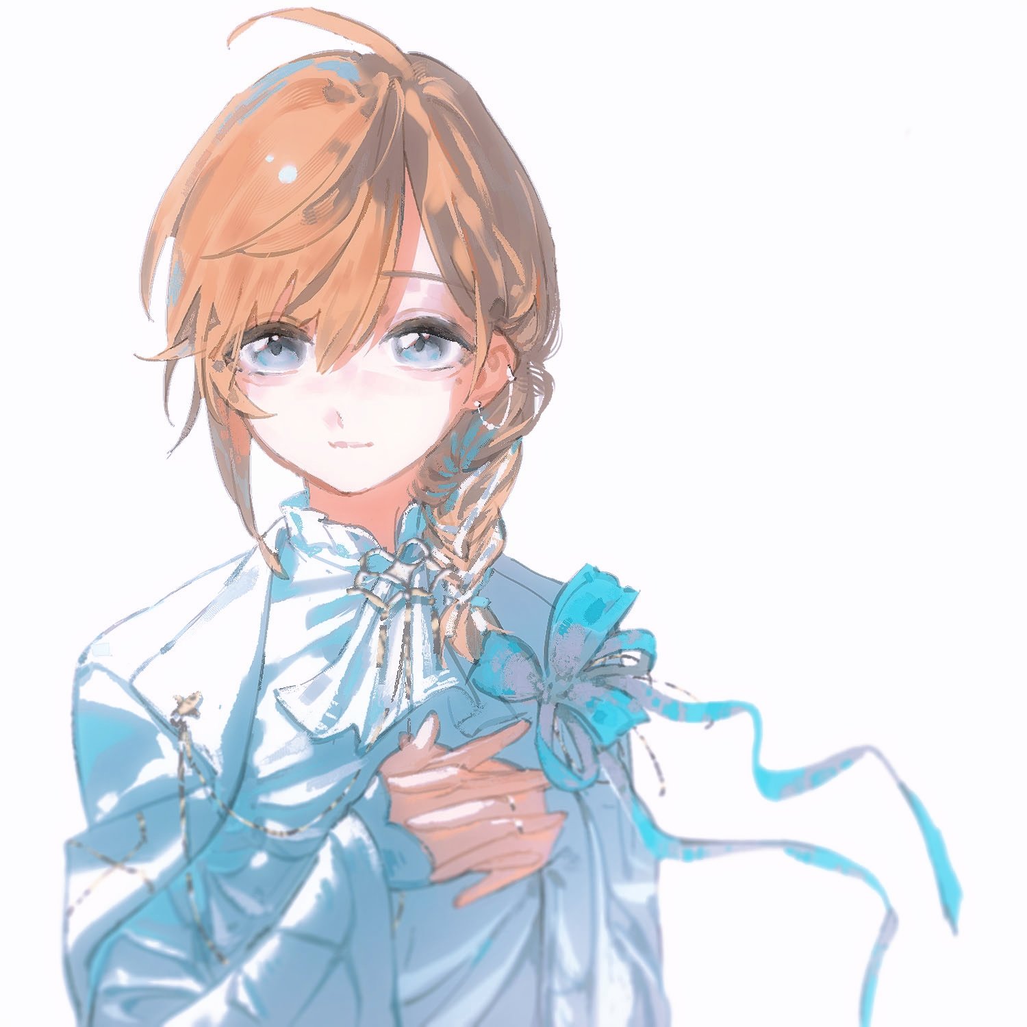 kanae (nijisanji), nijisanji, hashtag-only commentary, highres, 1boy, ahoge, ascot, blue eyes, brown hair, bw sekai, light smile, male focus, medium hair, ribbon, short braid, simple background, sleeves past wrists, solo, upper body, virtual youtuber, white ascot, white background