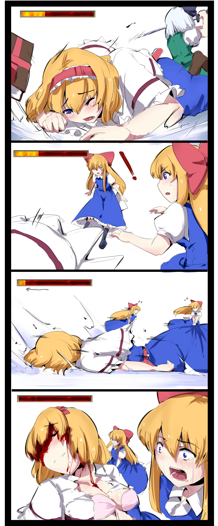 magukappu, alice margatroid, konpaku youmu, shanghai doll, touhou, highres, !, 4girls, 4koma, blonde hair, blood, blue eyes, bow, bra, comic, death, doll, dragging, failure, female focus, gameplay mechanics, hair bow, hairband, health bar, lingerie, multiple girls, one eye closed, short hair, silent comic, tears, torn clothes, underwear, wince, wink