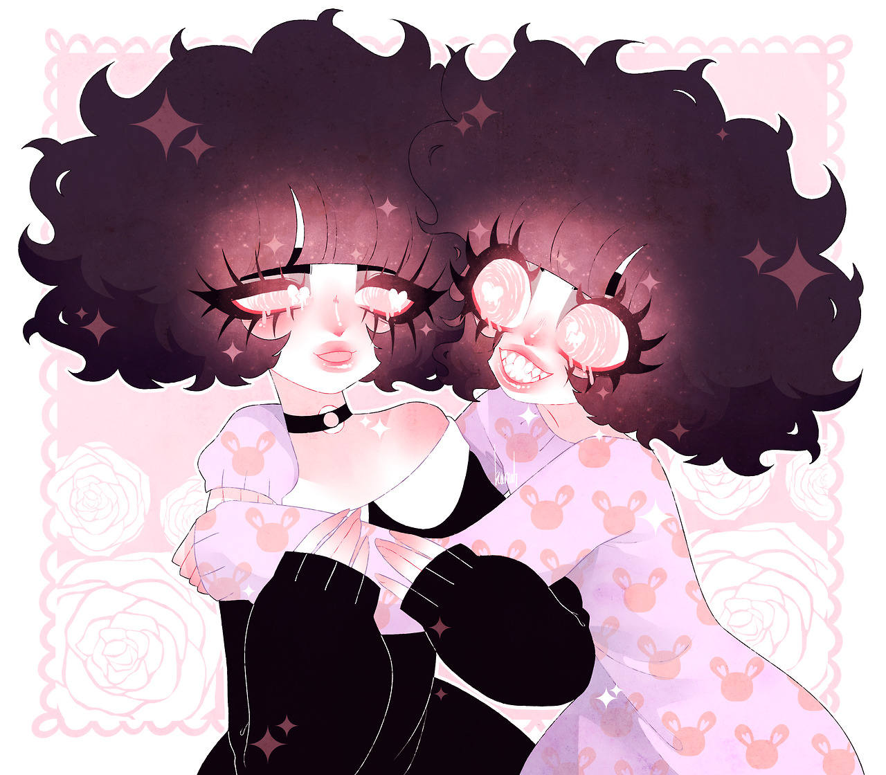 dreamalgia, original, fluffy hair, 1boy, 1other, ash kinoshita, bare shoulders, black hair, blunt bangs, blush, choker, crossdressing, crossdressing (mtf), dress, elliott kinoshita, eyelashes, heart, heart-shaped pupils, lips, off shoulder, open mouth, pale skin, pastel goth, sharp teeth, shirt, short hair, siblings, sleeves past wrists, smile, symbol-shaped pupils, teeth, trap, twins